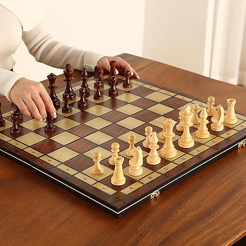 Miniatura 3 de Large Deluxe - Juego de ajedrez de madera de 17 pulgadas, perfecto para adultos y principiantes, hecho a mano, diseño plegable único