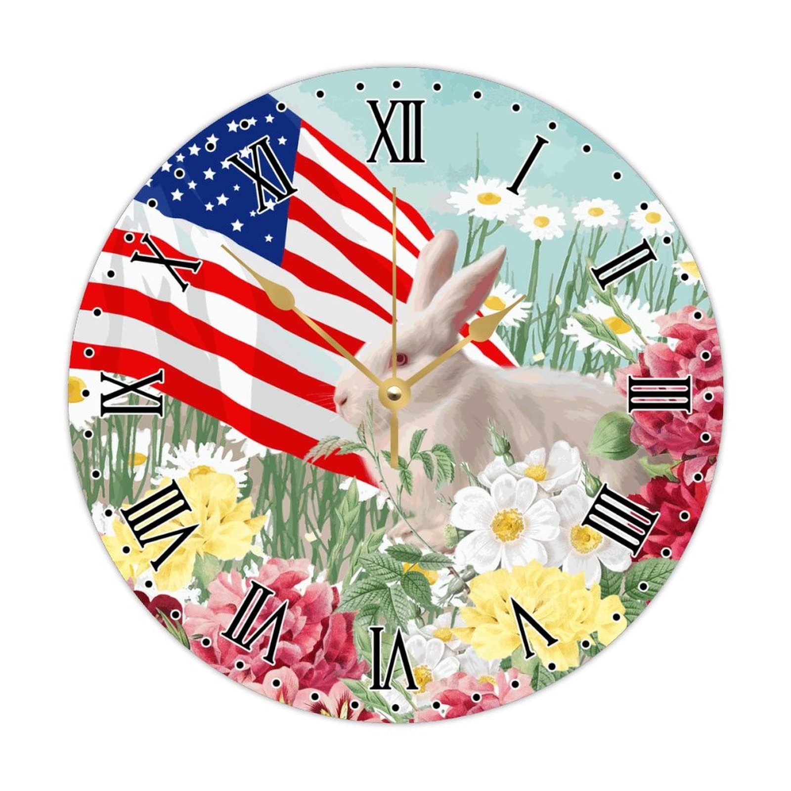 Horloge ronde en bois USA et lapin 38 cm pour cuisine rétro