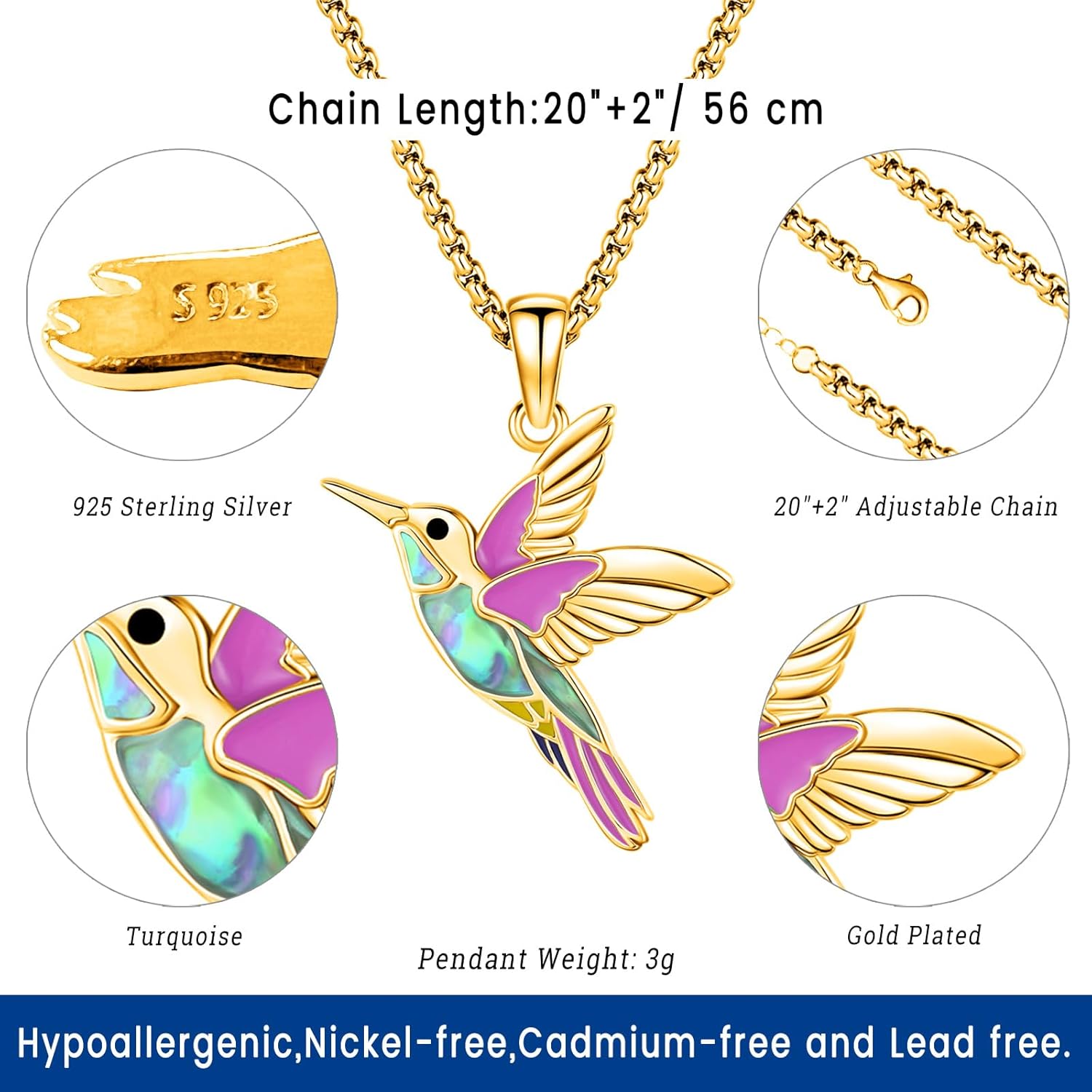 Eusense Animals Jewelry Hummingbird Black Cat Necklace 925 Sterling Silver Wiccan Mushroom Owl Cat Pendants Necklace for Women Men - Image 2