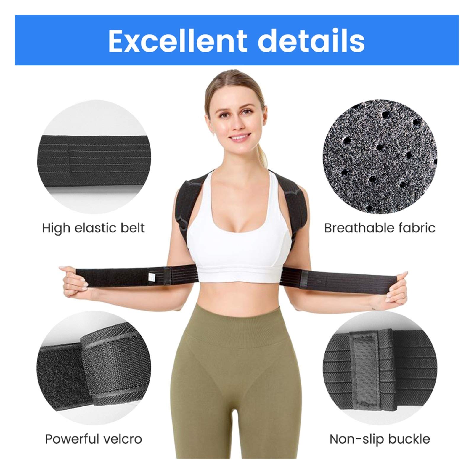 Corrector de Postura de Espalda Ajustable, cinturón de Soporte, Banda para la Espalda, corrección de Postura Invisible para Columna Vertebral, Lumbar y Hombros (Negro, Talla Grande)