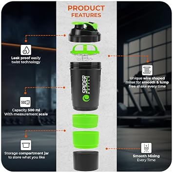 Protein Shaker Bottle 500ml With Extra Compartment - Gym Shaker Bottle For Men & Women, Perfect For Protein Shakes & Supplements (Green)