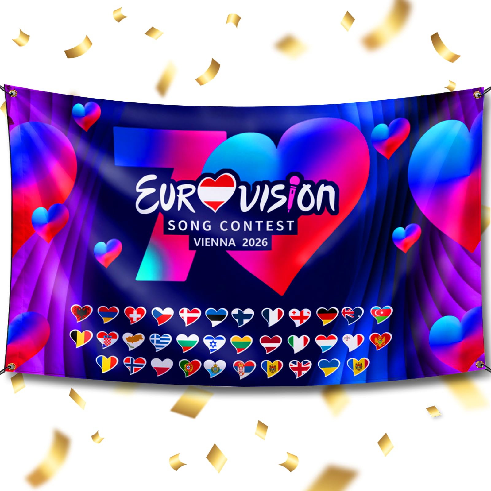 Eurovision 2026 Party Decorations Flag Banner, 70th Anniversary Eurovision Song Contest Austria Vienna Singing Competition Event in Europe Celebration for Home Garden Bar Street Decor 3*5FT 90x150 cm — image 1