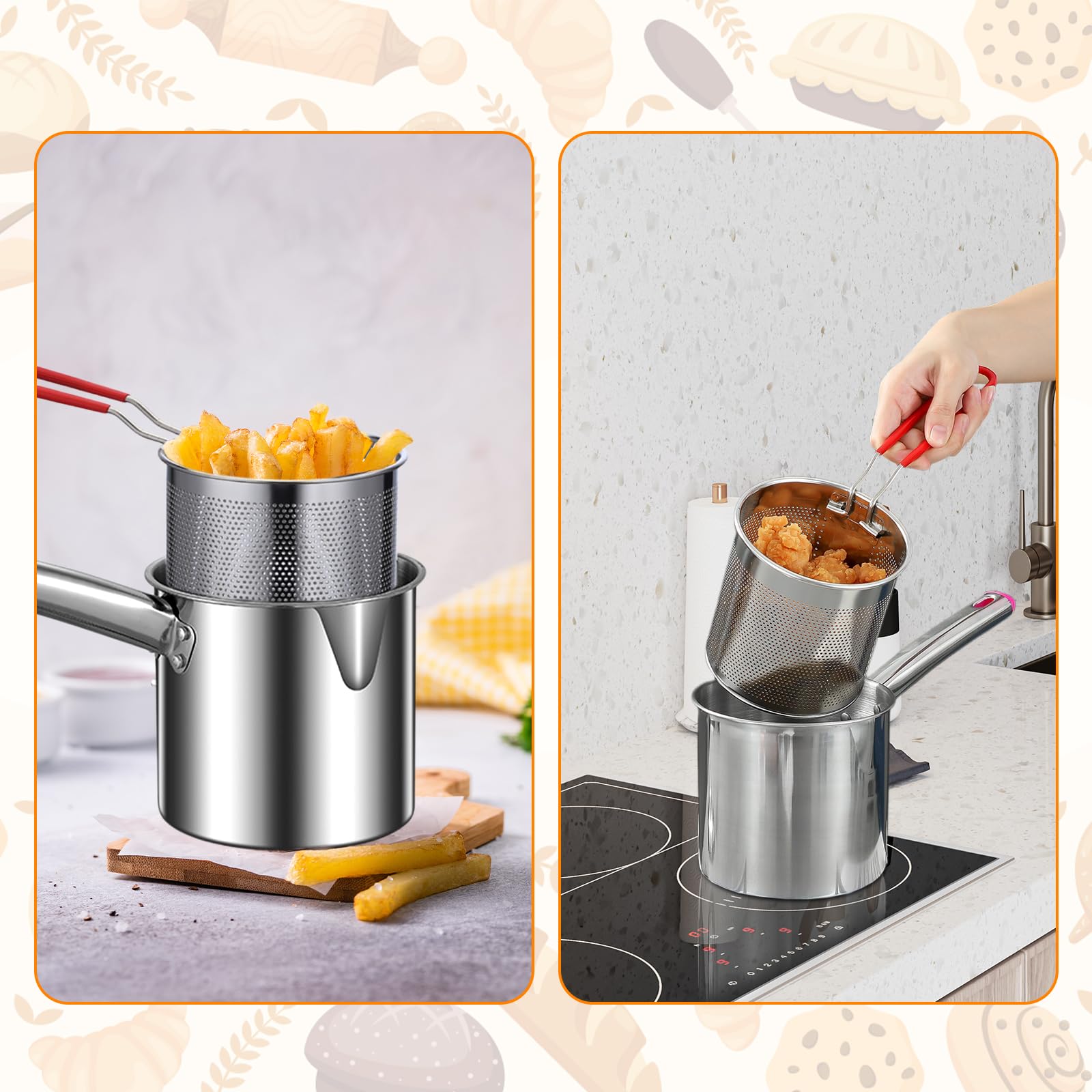 Bothyi Deep Frying Pot Frying Basket Stainless Steel with Filter Basket Nonstick Practical Cooking Tool Cooking Pot for Home Kitchen Camping Picnic, Small with Lid