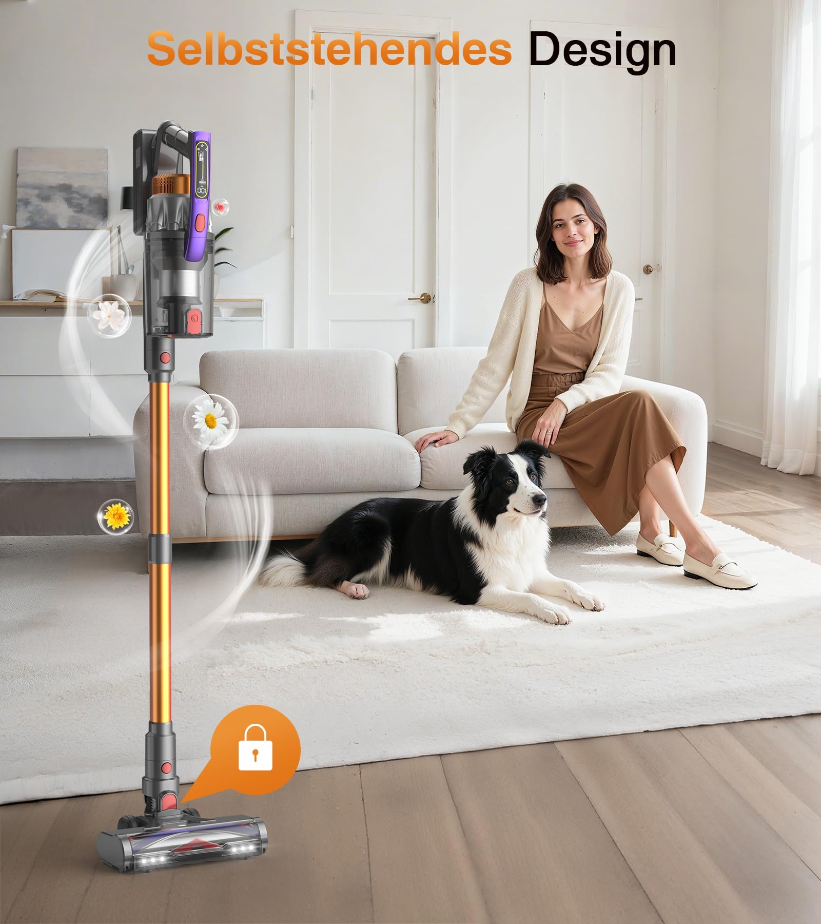 CHEBIO Akku Staubsauger 50000Pa/600W, 75 Min Staubsauger Kabellos Beutellos, 1.8L Akkustaubsauger Freistehend mit LED-Display&Anti-Tangle-Bürste, Stielstaubsauger für Tierhaare/Hartböden/Teppiche/Auto