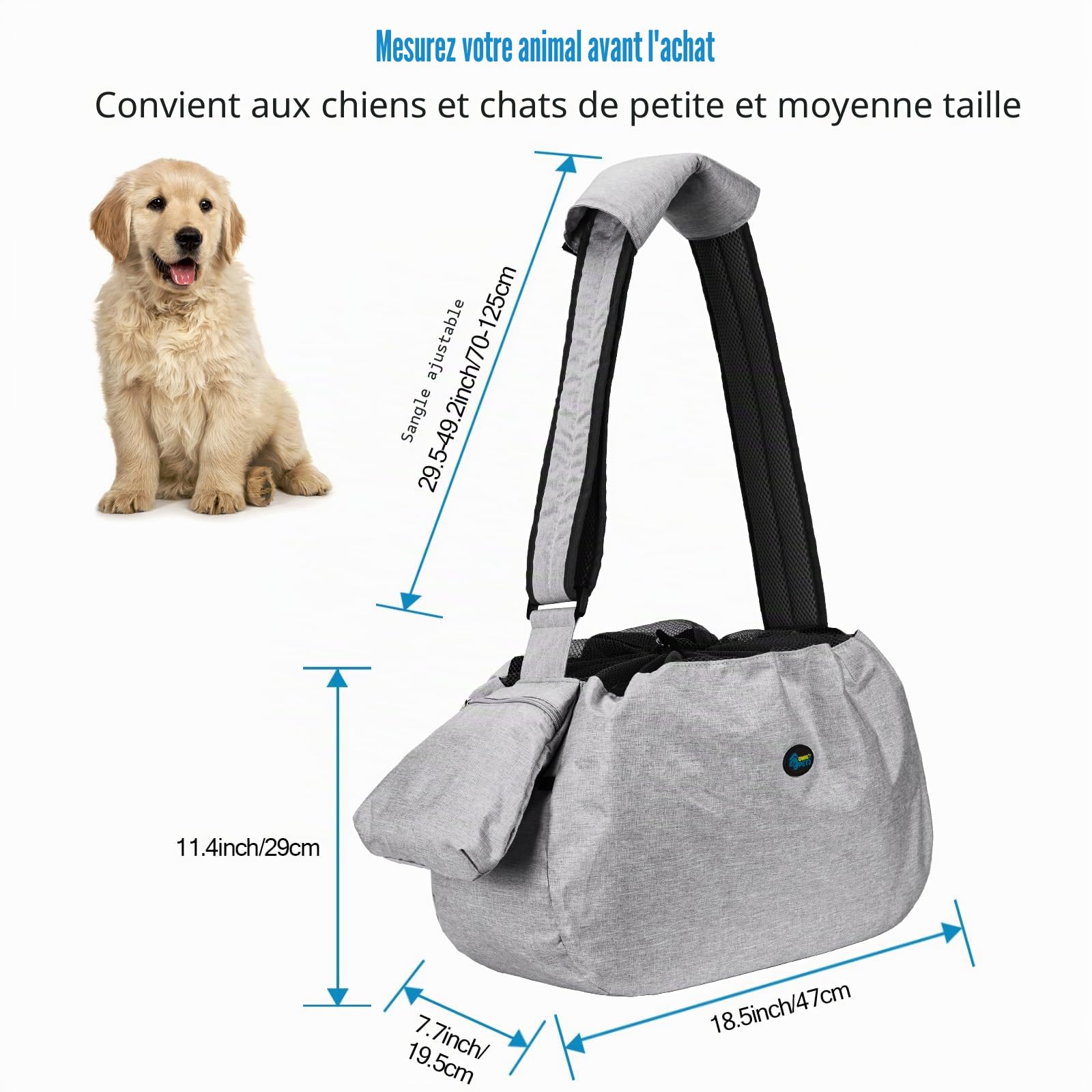 Ownpets Sac de Transport pour Chien jusqu'à 11 kg, écharpe de Transport pour Chien, Sac pour Chien avec bandoulière réglable et Poche Avant et épaulettes de Poche 30 cm Profondeur x 34,8 cm Large
