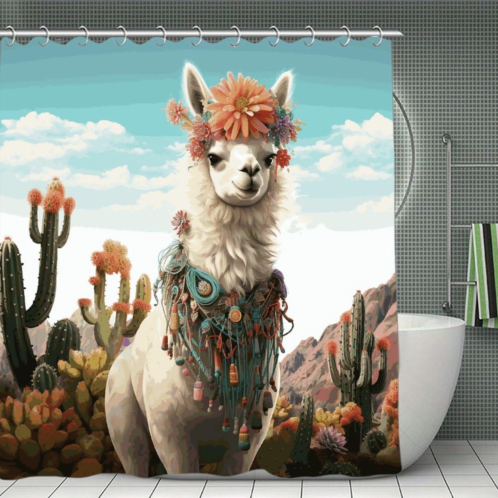 VstaDank Mexican Llama Cactus Bath Curtain Elegant Heavy Duty Shower Curtains 70x70 in Rustic Farmhouse Cloth Shower Curtains Neutral Modern Bath Curtain for Bathroom