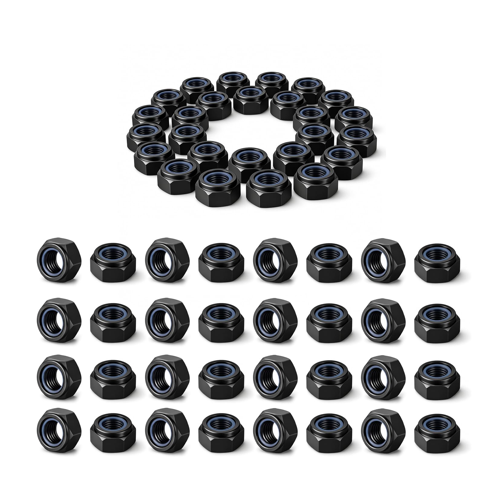 120 Pcs M5 Nylon Lock Nuts, DIN 985 Hex Self-Locking Nut, Black Carbon Steel Nylock Nuts Set, Nylon Insert Hex Nut for Machinery, Automotive, Furniture and DIY