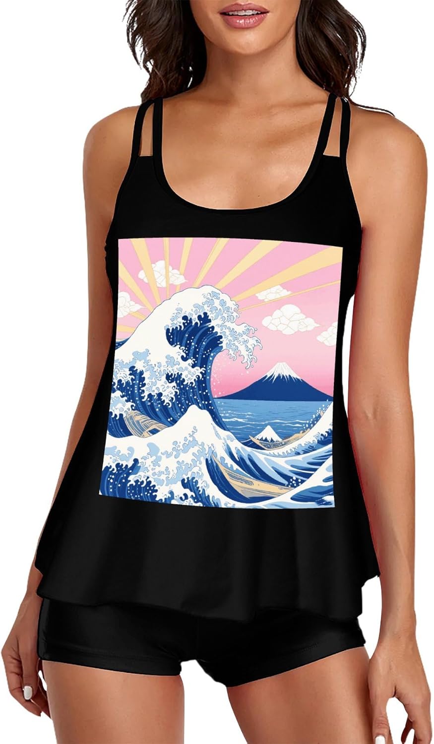 Great Waves Tankini Swimsuits for Women Tummy Control Two Piece Bathing Suits Swim Tops with Boy Shorts