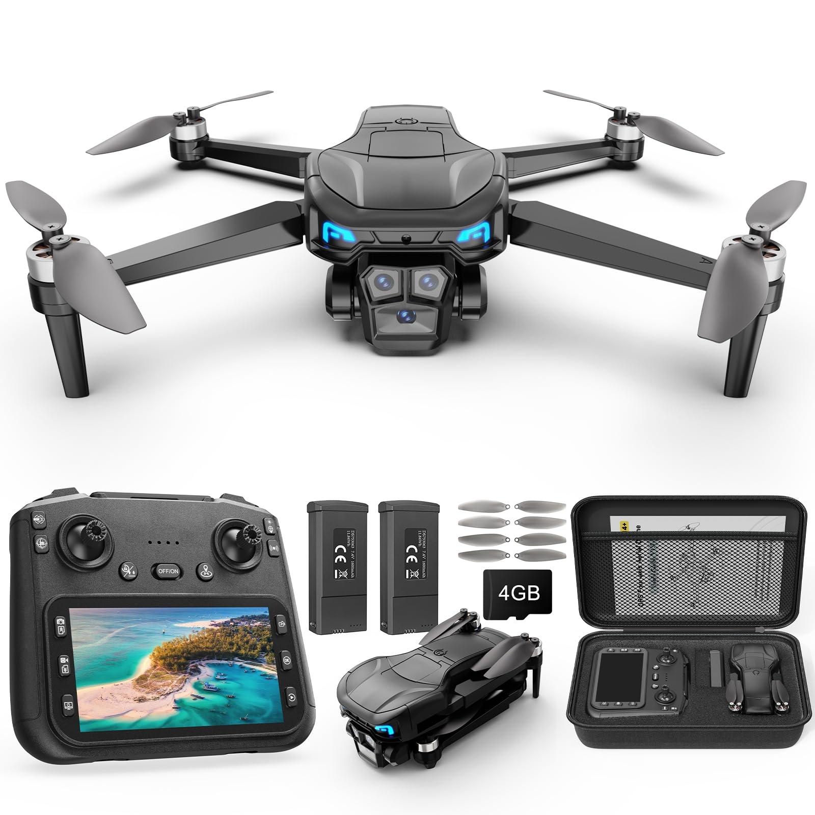Drone with Camera for Adults 4K, GPS Drone with 4.5" Screen Controller, Brushless Motor, GPS Auto Return, Foldable RC Quadcopter with 60 Min Flight Time, Under 249g, Beginner Gift