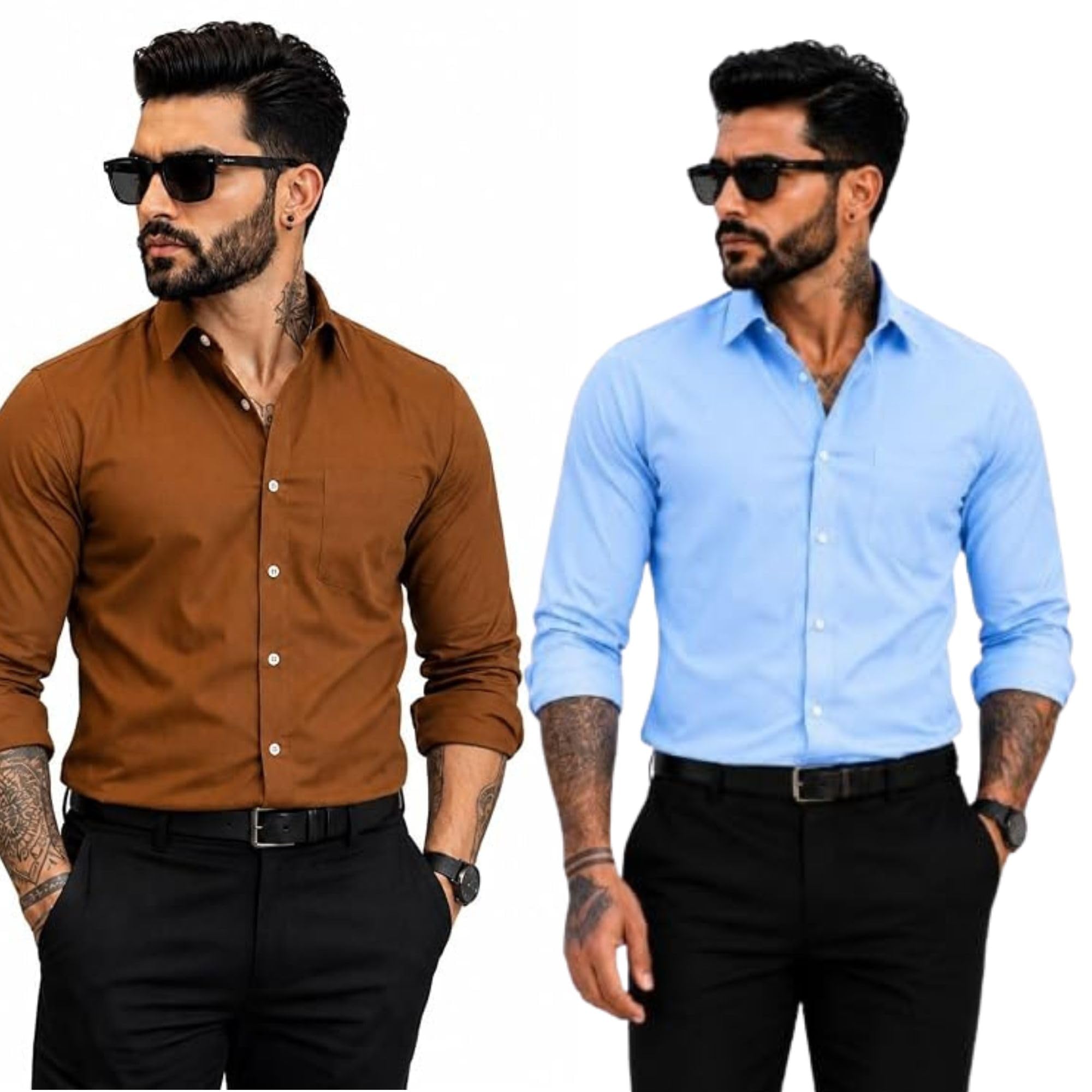 Pack of 2 Combo Men's Formal Shirt | Sky Blue & Brown Solid Full Sleeve Cotton Blend Regular Fit Button-Down Collared Office Wear Business Casual Shirts-picture-22