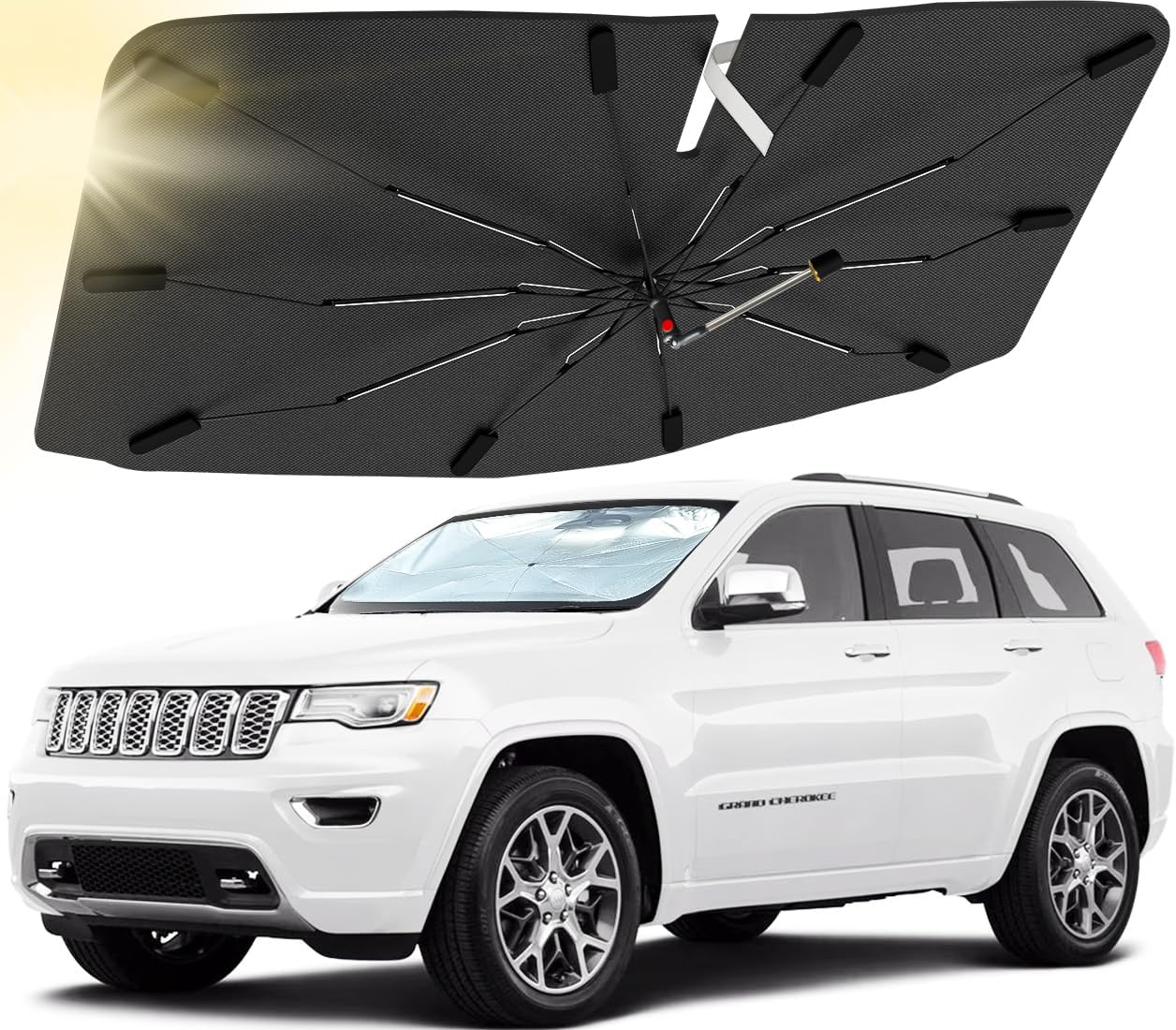 Custom Windshield Sun Shade Fit for Jeep Grand Cherokee 2014-2021, Foldable Car Windshield Sunshade with 360° Rotating Shaft, Auto Sun Shield Cover for Front Windshield