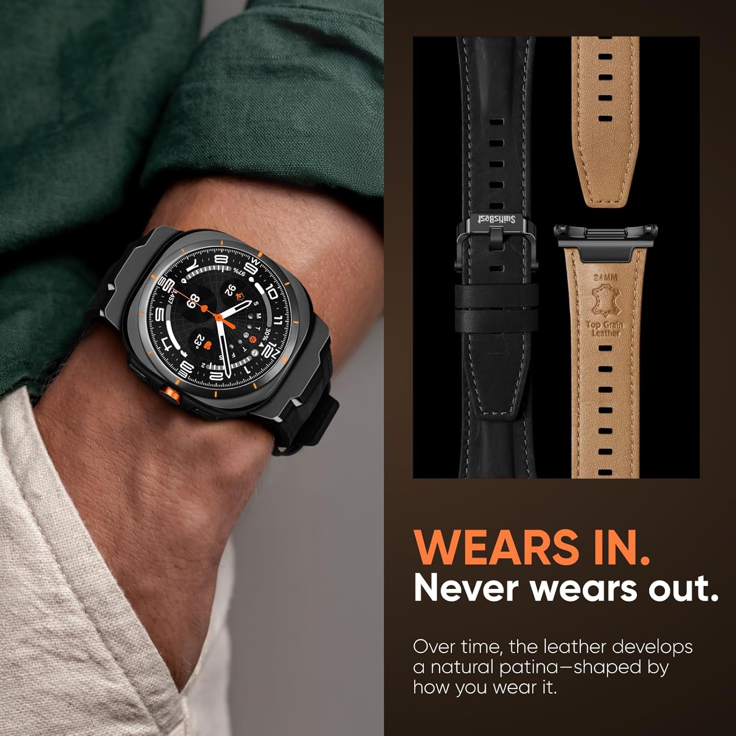 Suitisbest Genuine Leather Band Compatible with Samsung Galaxy Watch Ultra Bands 47mm for 2025 2024, No Gap Designer Rugged Strap with Metal Connectors for Men, Ideal Birthday Gift for Him