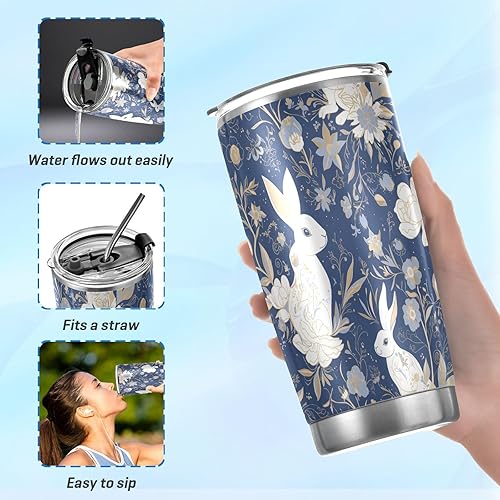 Miniatura 6 de Tazas de café de viaje de acero inoxidable vintage azul conejo con tapas con tapa y popote taza de viaje para café taza de viaje simple 20 oz tazas