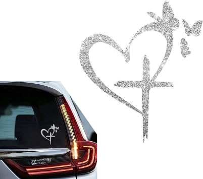 Butterfly Love Cross Car Sticker, 6.10" x 7.09" Waterproof Sandblasted Texture Decorative Stickers, Shiny Reflective Heart Cross Decal, Universal for Most Vehicles Multicolored