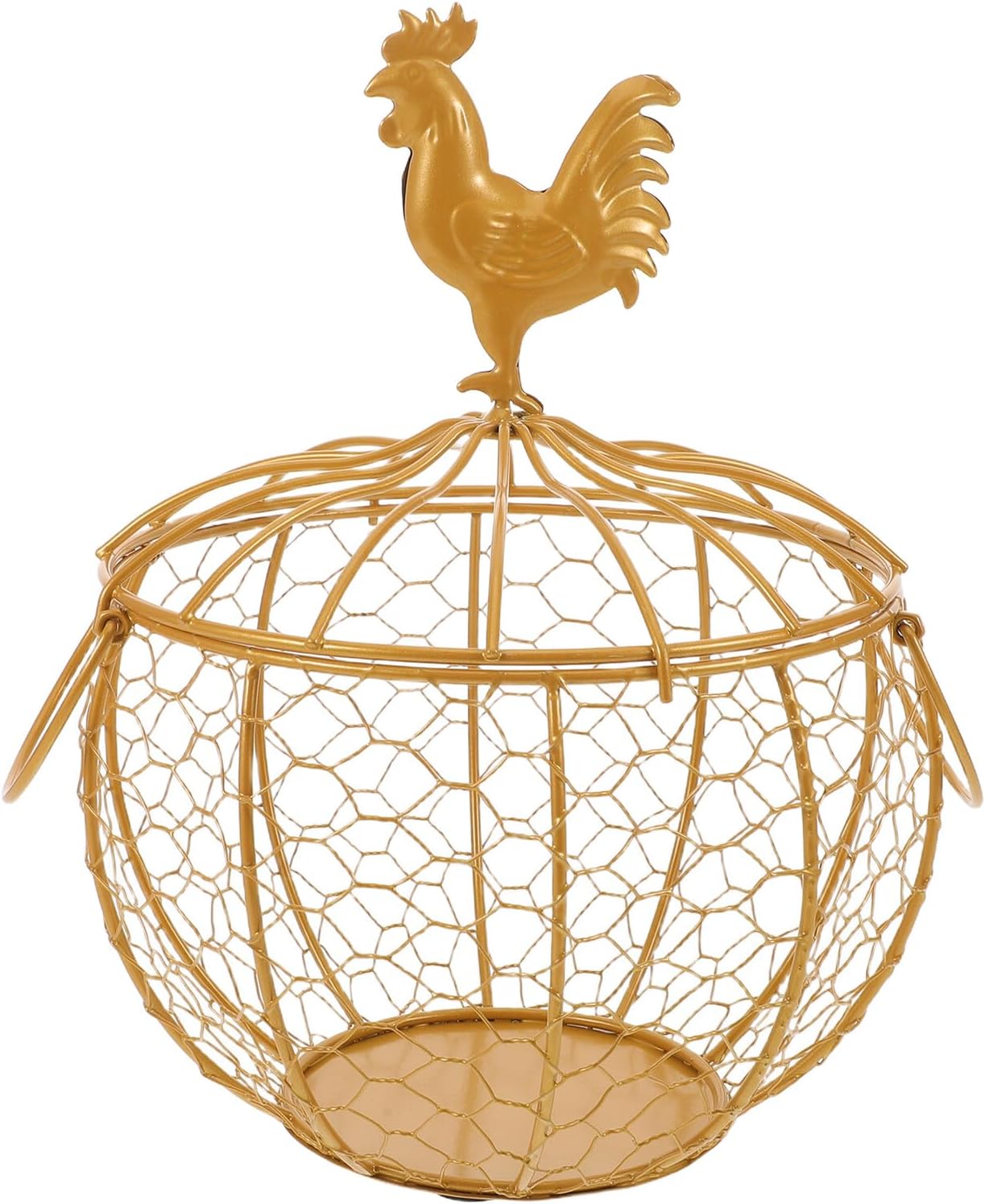 Vintage Farmhouse Wire Egg Basket with Handle, Gold Hollow-out Metal Storage Container for Kitchen Countertop and Pantry Organization, Multipurpose Rooster Egg Holder and Table
