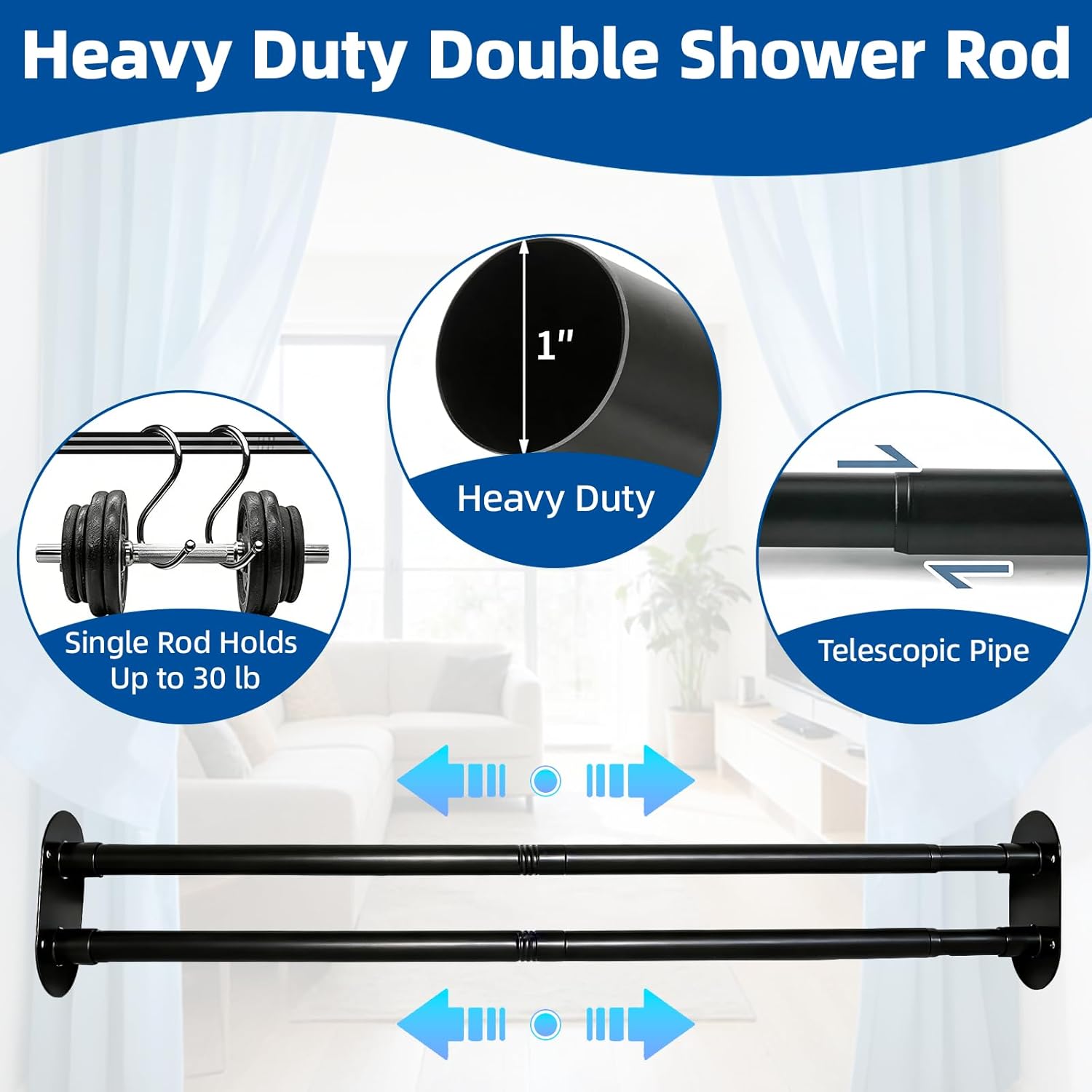 Double Shower Curtain Rod 30 to 105 Inches, Adjustable Wall Mounted Double Shower Rod, Heavy Duty and Rustproof Shower Curtain Pole for Bathroom, Laundry Room, Bathtub, Black