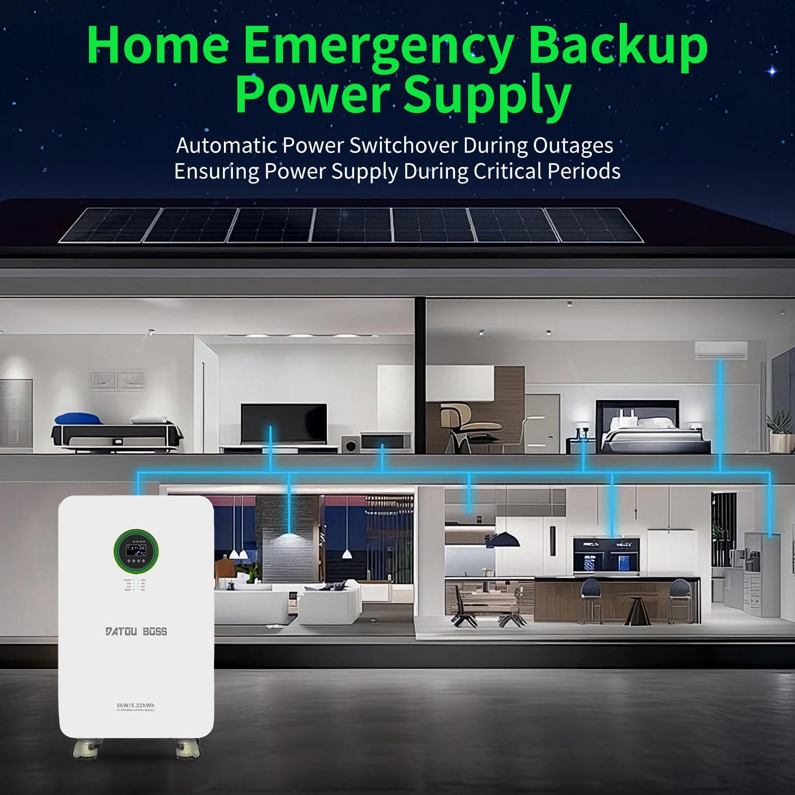DATOUBOSS 5000W Inverter Ibrido Solare 48V+Batteria LiFePO4 48V 102Ah 5,22 kWh,6000+cicli,integrata BMS,ideale per Solare, Off-Grid,Centrale Elettrica.