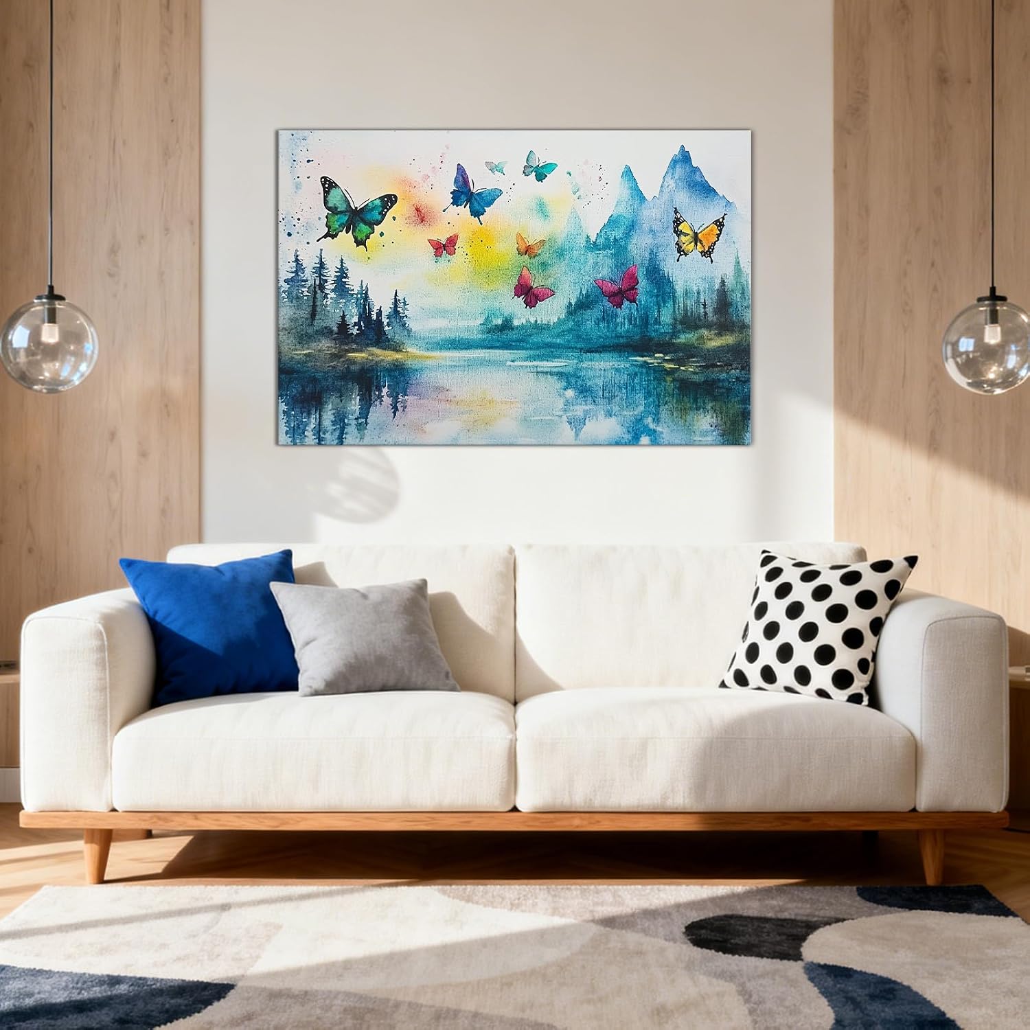 GLOKAKA Watercolor Butterflies Canvas Wall Art Mountain Lake Nature Landscape Pictures Colorful Butterfly Painting for Living Room Bedroom Bathroom Decor(Artwork-2,28"x42")