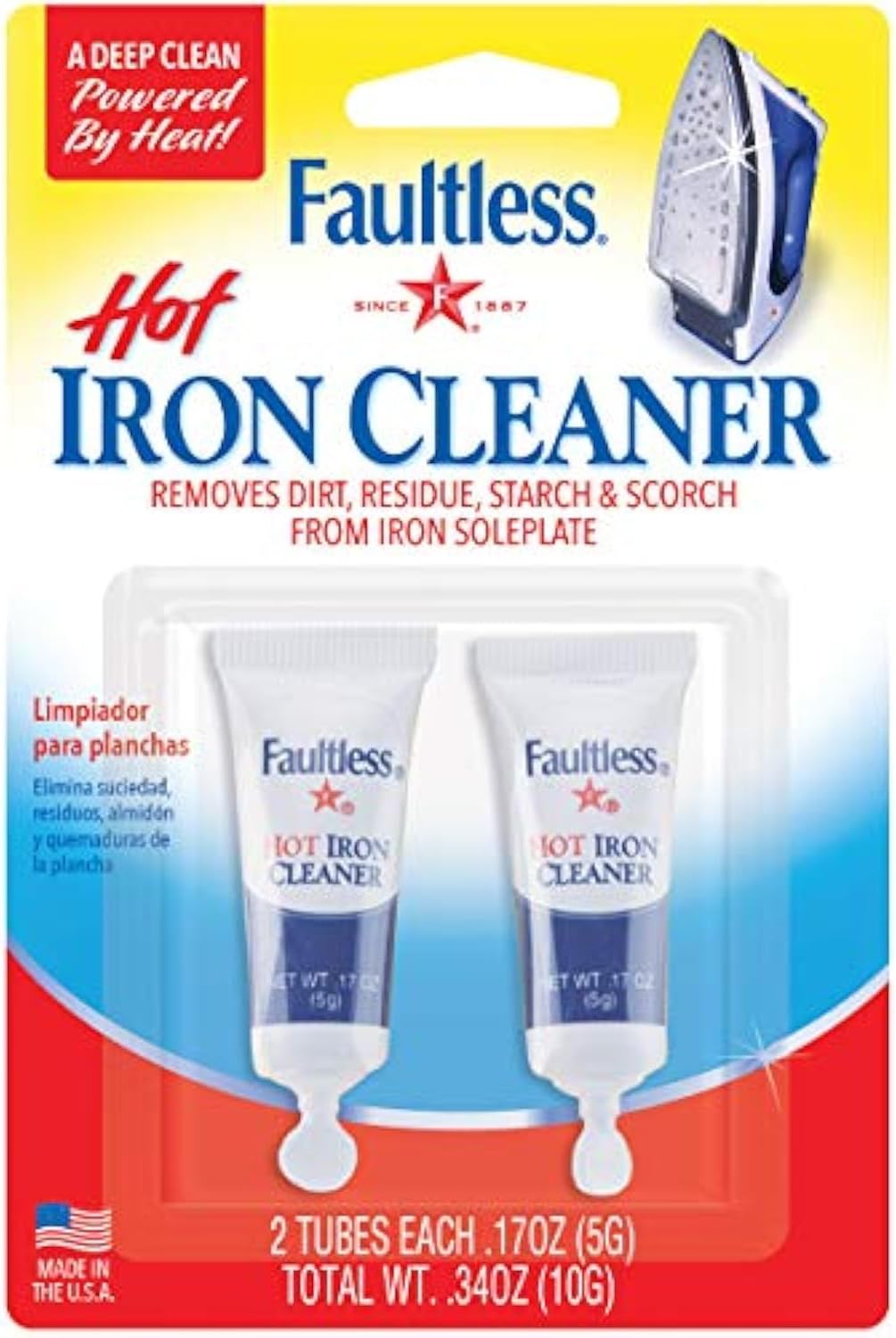 FAULTLESS Hot Iron Cleaner, Non-Toxic Steam Iron Cleaner, Removes Melted Fabrics, Glue, Hard Water, Lime Deposits & Starch - 2 X 0.17 oz Tubes Blister Packs