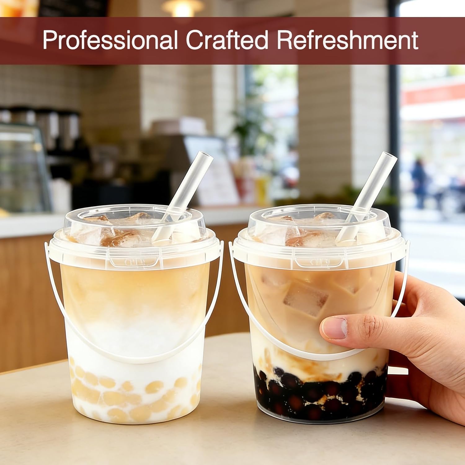 Drink Bucket, Clear Plastic Cups with Lids and Straws, Disposable Drinking Cups for Cold Drinks, Iced Coffee/Milkshakes/Smoothies, Sturdy & Food Safe 60 Set 25 oz