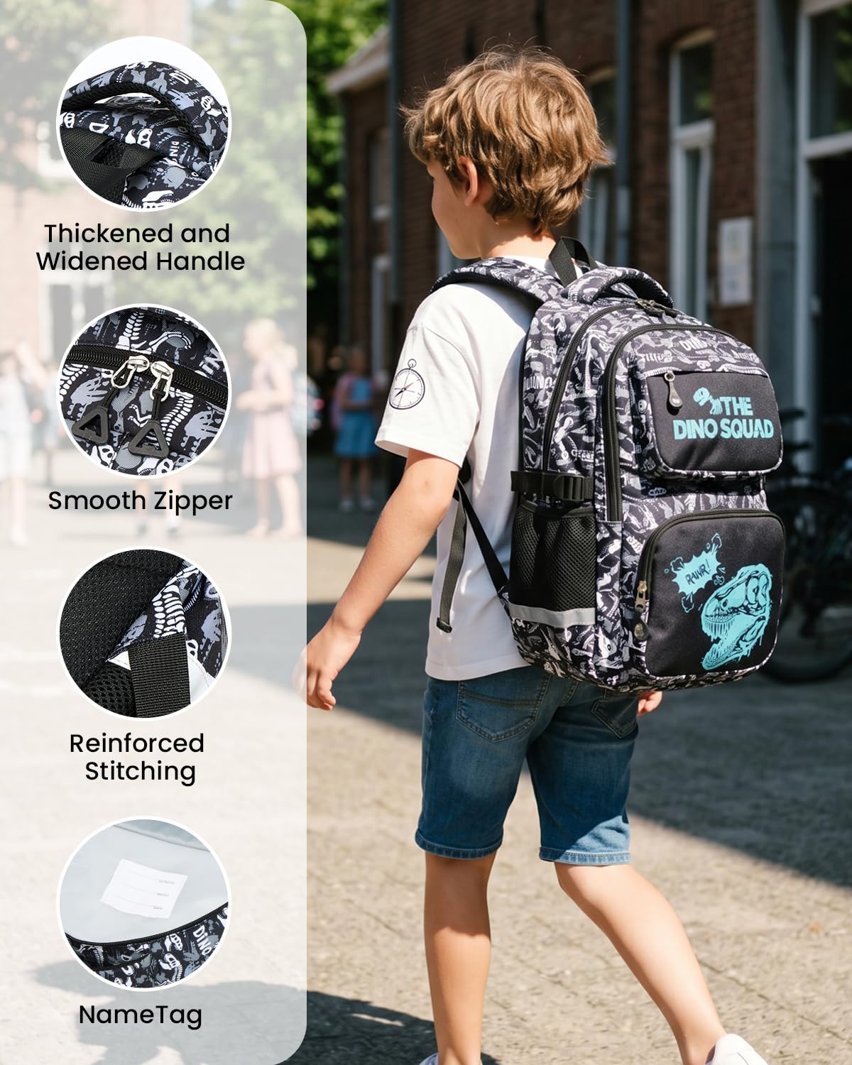 Amythe Mochila Escolar Niño Adolescente Fluorescente, Mochila para Niños con Hebilla en el Pecho 6 a 10 Años, Mochilas Escolares Grande Resistente y Ligera, Dinosaurio