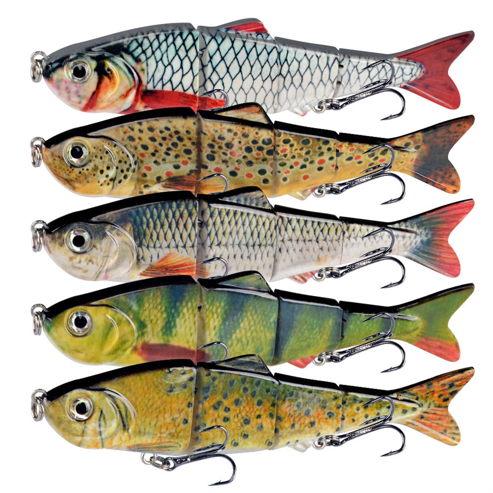 5 piezas 12cm 18g Señuelo para pesca de lubina Swimbaits de articulaciones múltiples segmentados realistas con gancho triple Trucha de agua dulce de agua salada, perca, carpa, aparejos de pes