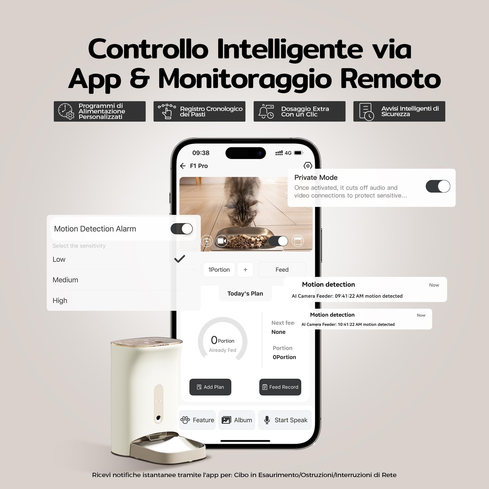 F1 Pro Distributore Automatico Cibo Gatti e Cani 4.5L con Telecamera HD 2K & Visione Notturna a 160°, WiFi 2.4G/5G, Antiblocco, Freschezza Tripla, Controllo APP, Ciotola in Acciaio Inox (F1 Pro 1)