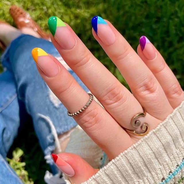JUSTOTRY 24 Pcs Iridescent Oval False Nails Short, Multi Colour French Press on Nails Pattern, Fake Nails Short with Nail Glue, Almond Stick on Nails for Women, Rainbow Nails Fake Nail for Nails Art