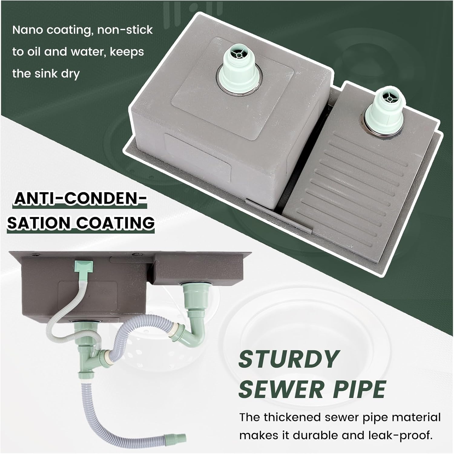 SUS Laundry Utility Sink, Large Washing Sink With Integrated Scrub Board & Basin, Household Double Bowl Washing Pool With Drain Kits, For Laundry Room, Balcony, Basement(Black-A,60x48x22cm)