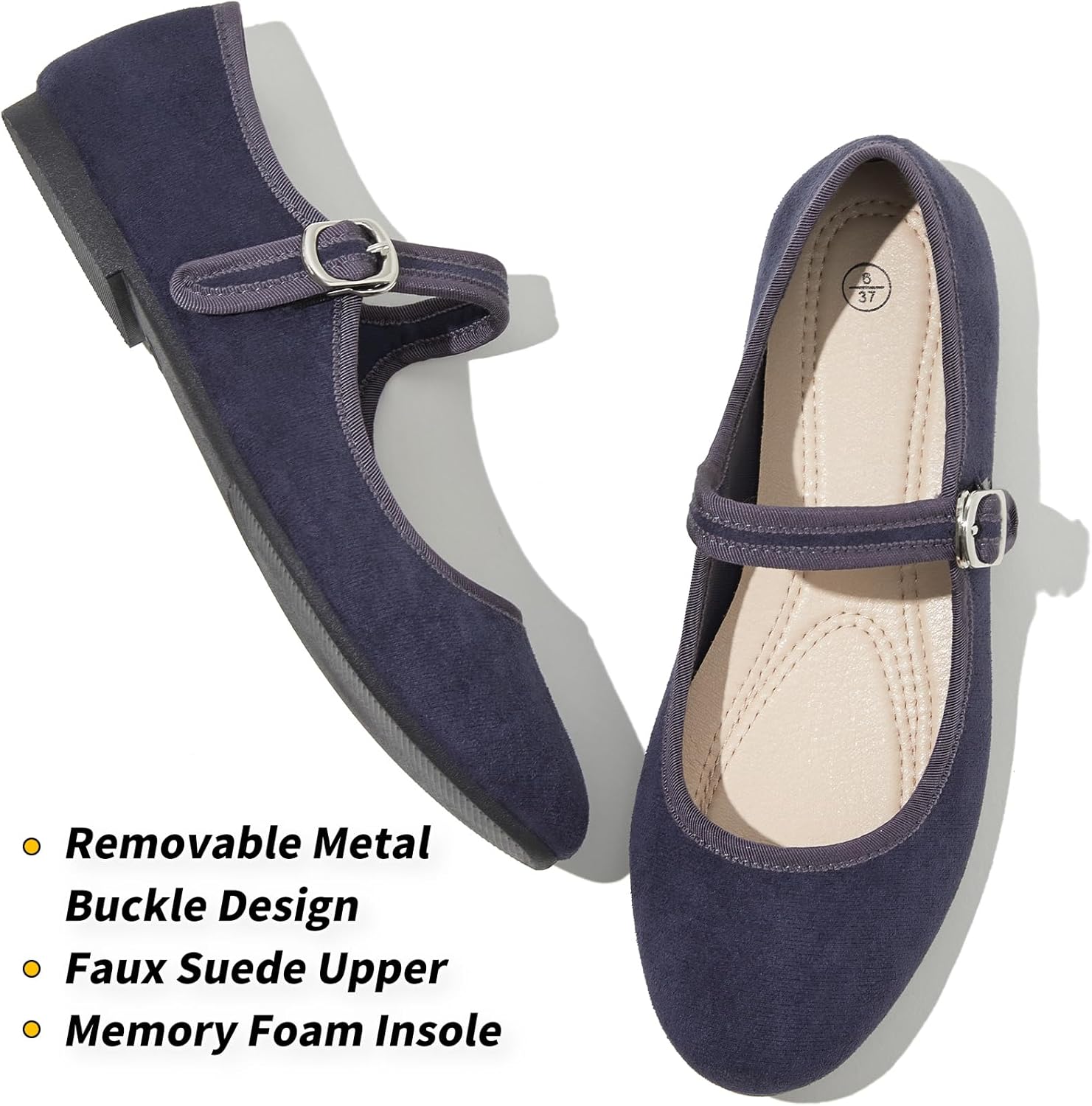BABUDOG Womens Mary Jane Flats with Strap,Faux Suede Black Flats Shoes,Flats Shoes Women Dressy Comfortable - Image 2