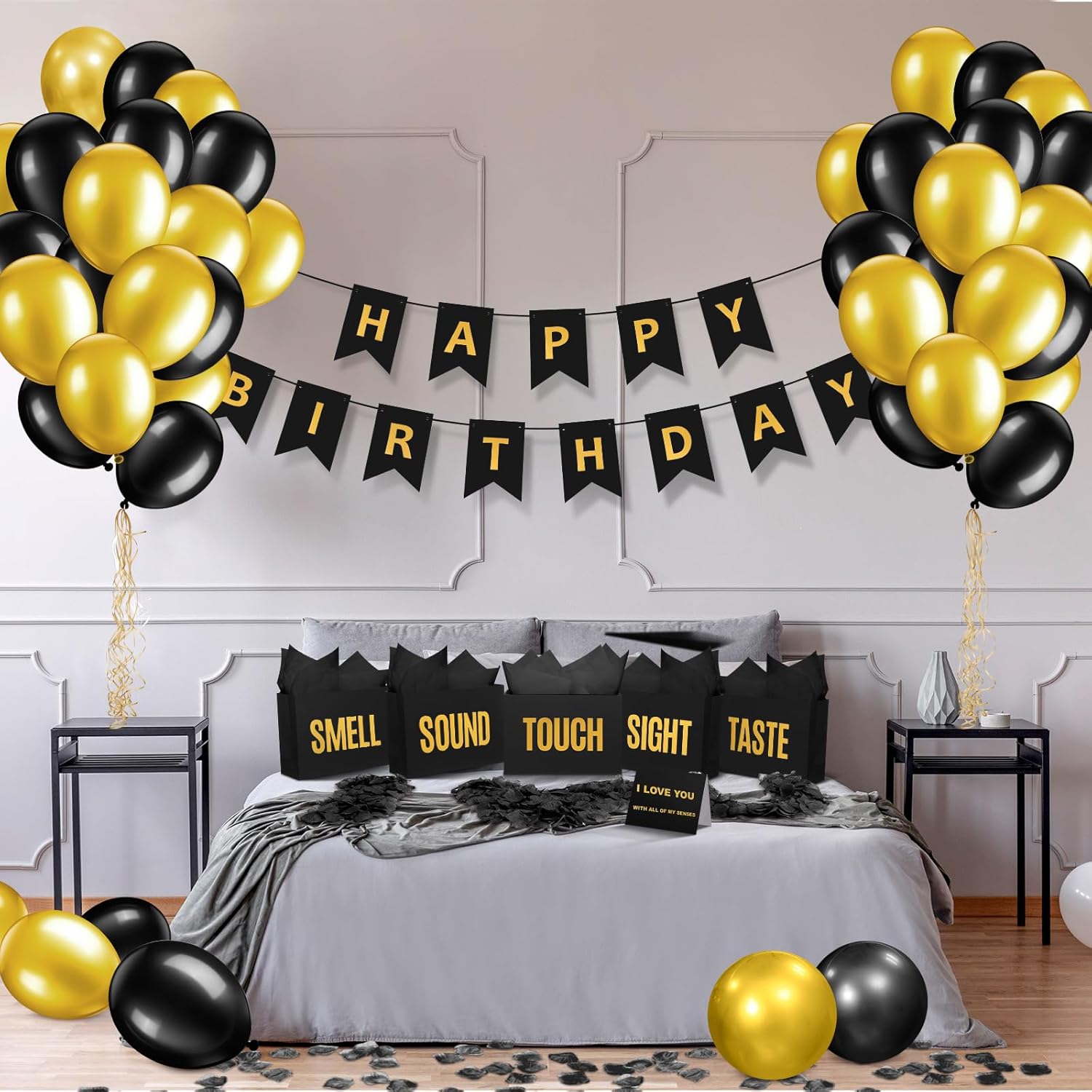 Soulchen 5 Senses Gift Bags for Him Her with Labels, Five Senses Gift Birthday Party Decoration Tissue Paper Handles, Comes with Rose Petals Banner Balloons for Party(Birthday,Black Gold)
