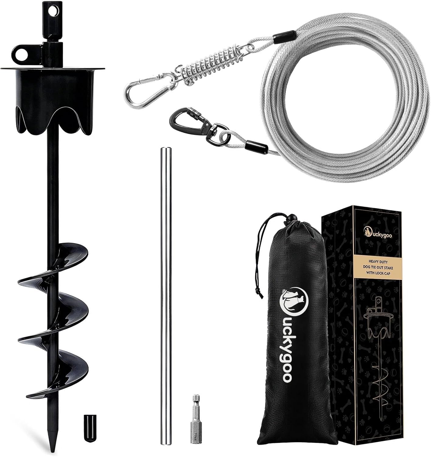 Dog Tie Out Cable & Stake with Lock-Cap, Heavy Duty Dog Stake for Outside with Shock Spring, 30FT Yard Leash & Stakes for Yard, Beach, Camping, Outdoor up to 350 LBS, Black
