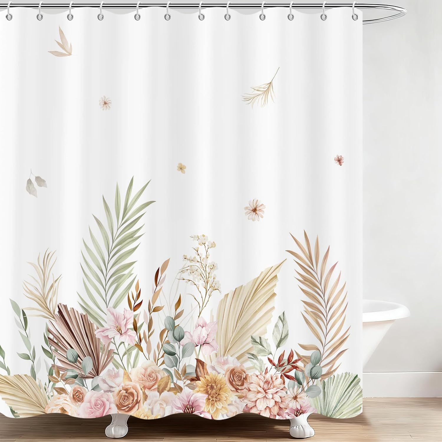 Boho Leaves Shower Curtain,Floral Bohemian Leaves Plant Botanical Shower Curtains for Bathroom Waterproof Fabric Bathroom Shower Curtain Set with Hooks,72" Wx72 L