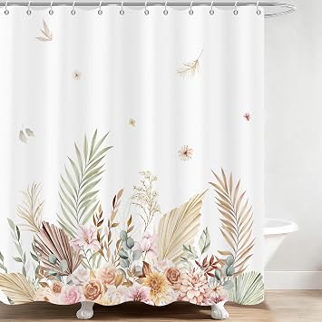 Boho Leaves Shower Curtain,Floral Bohemian Leaves Plant Botanical Shower Curtains for Bathroom Waterproof Fabric Bathroom Shower Curtain Set with Hooks,72" Wx72 L