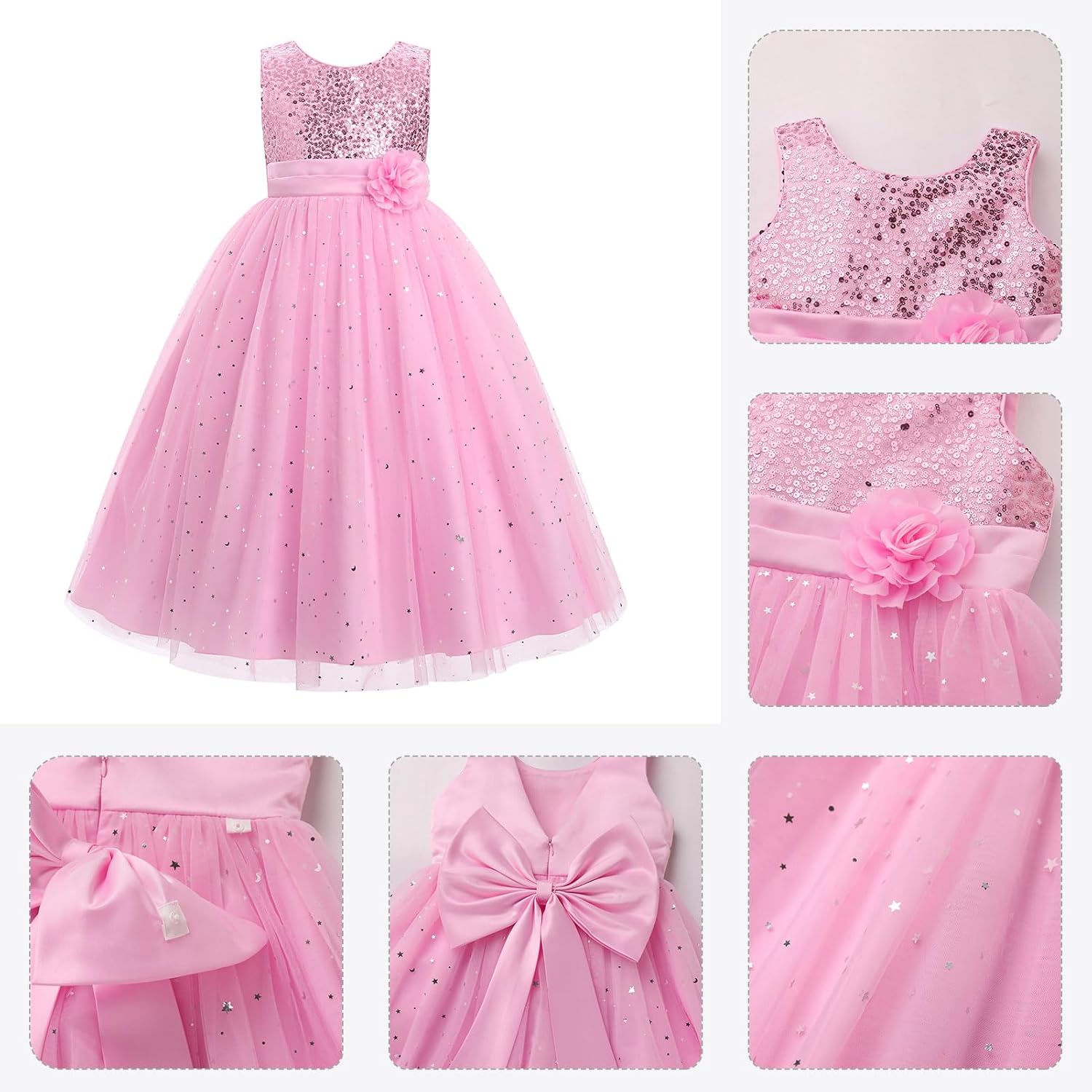 IDOPIP Girls Sequin Dress Sparkly Party Formal Pageant Birthday Wedding Flower Girl Dresses Sleeveless Rainbow Tulle Gowns - Image 3