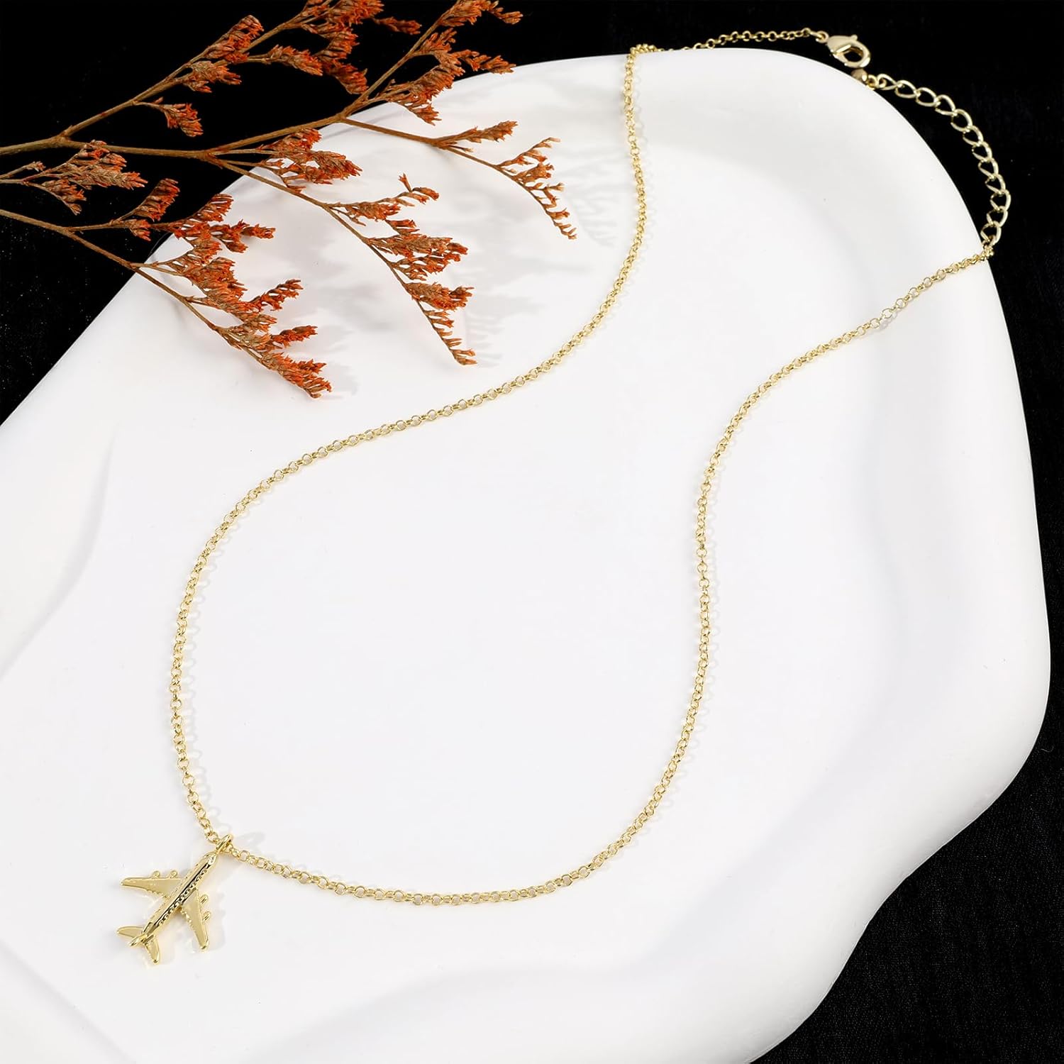 Gold Pendant Necklace for Women 14K Gold Plated Flower Mushroom Hummingbird Airplan... - Image 5