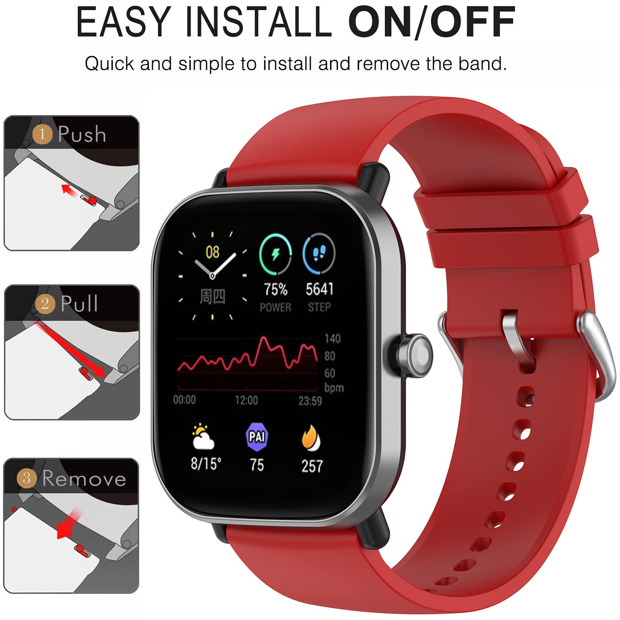 Bracelet pour Amazfit Bip 3/3 Pro/U Pro/S Lite/S/U, bracelet de rechange en silicone souple pour Amazfit GTS 4/4 Mini/2/2e/2 Mini