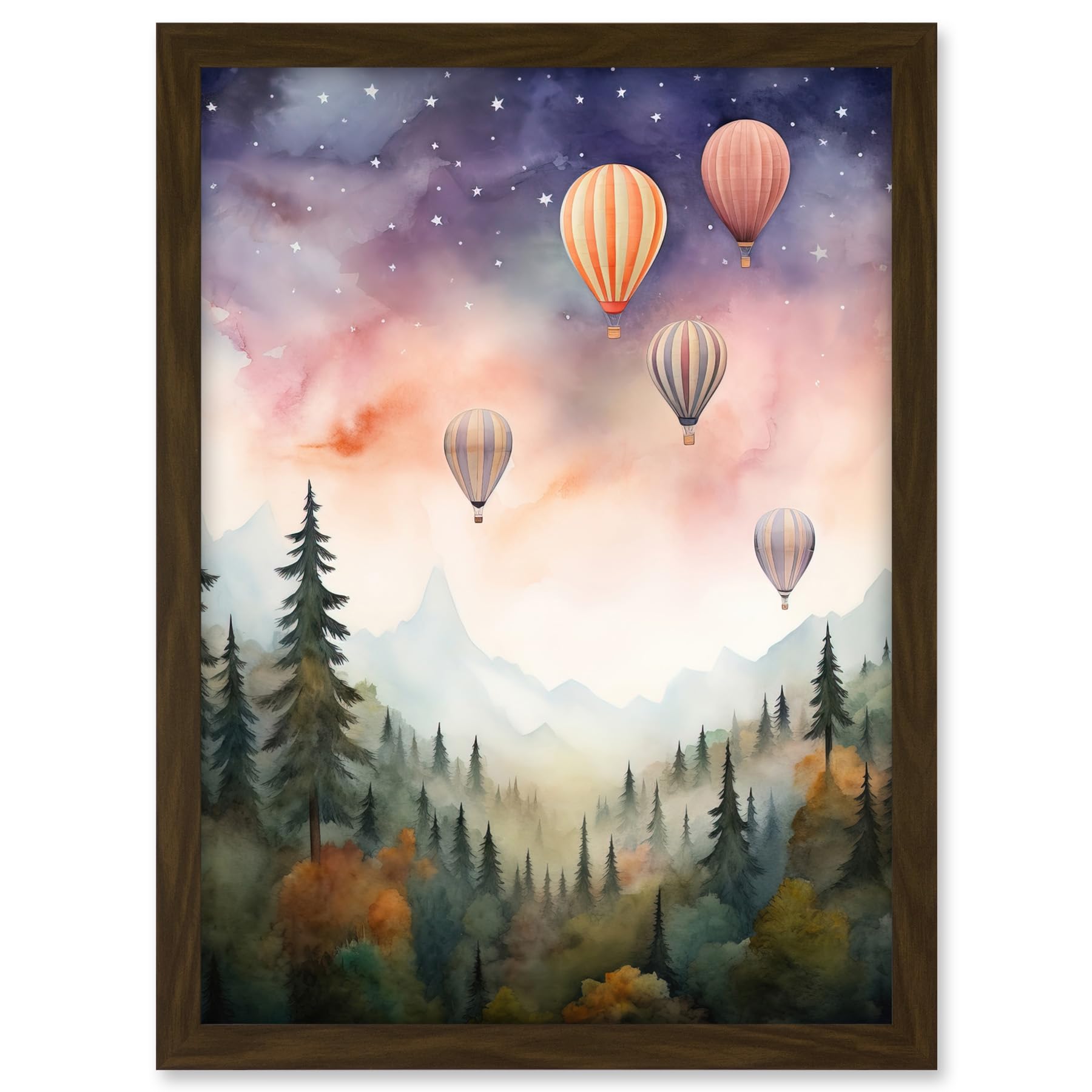 Artery8 Hot Air Balloons Over Misty Forest Landscape Watercolour Painting Orange Green Purple Dreamy Dusk Sky Stars Kids Bedroom Artwork Framed A3 Wall Art Print