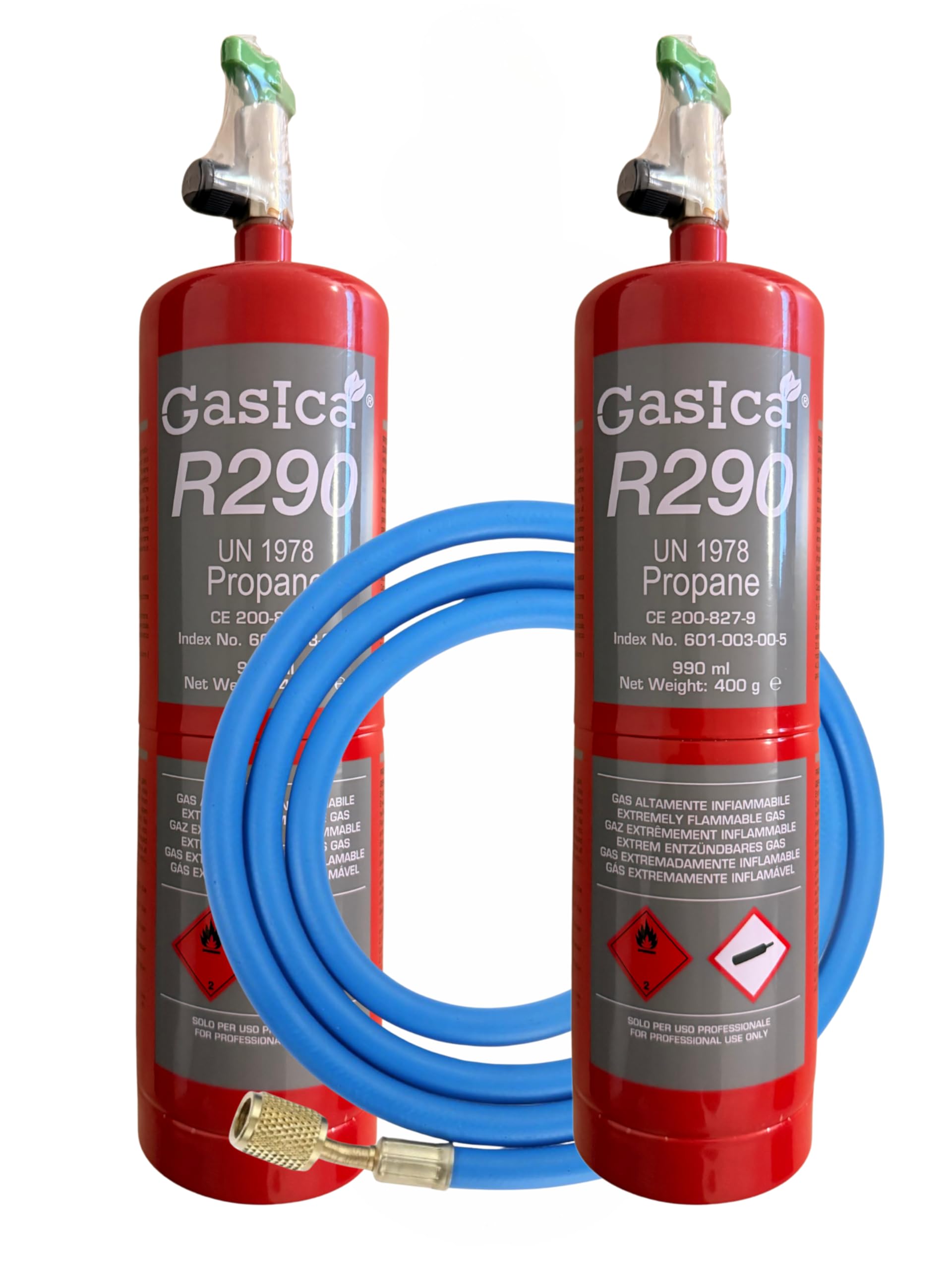 2 Envases con Manguera de Gas Refrigerante R290 Alta Pureza | Ecológico | Máxima Eficiencia Energética | Compatible con Aires Acondicionados, Bombas de Calor y Equipos de Refrigeración