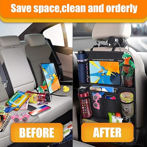 Miniatura 7 de Organizador de asiento trasero de automóvil, alfombrillas de tela Oxford con 9 bolsillos y soporte transparente para tableta, accesorio de