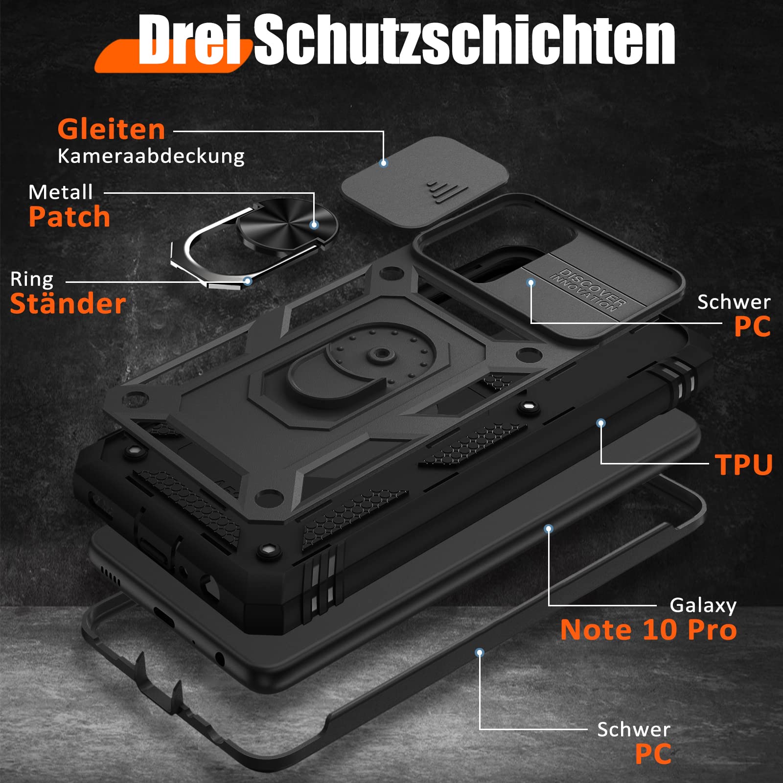 Giyer Custodia per Xiaomi Redmi Note 10 Pro, con pellicola protettiva, Note 10 Pro, con protezione della fotocamera, girevole a 360°, anello in metallo, resistente agli urti, Note 10 Pro 6.67