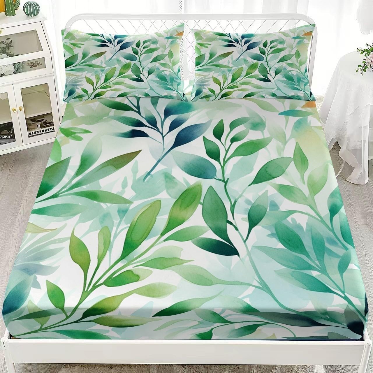 Watercolor Style Fitted Sheet Leaves Bed Sheets Deep Pocket 12 inch (30 cm) Soft Cozy 3 Piece Microfibre Bed Sheet 200x200 cm with 2 Pillowcases 50x75 cm