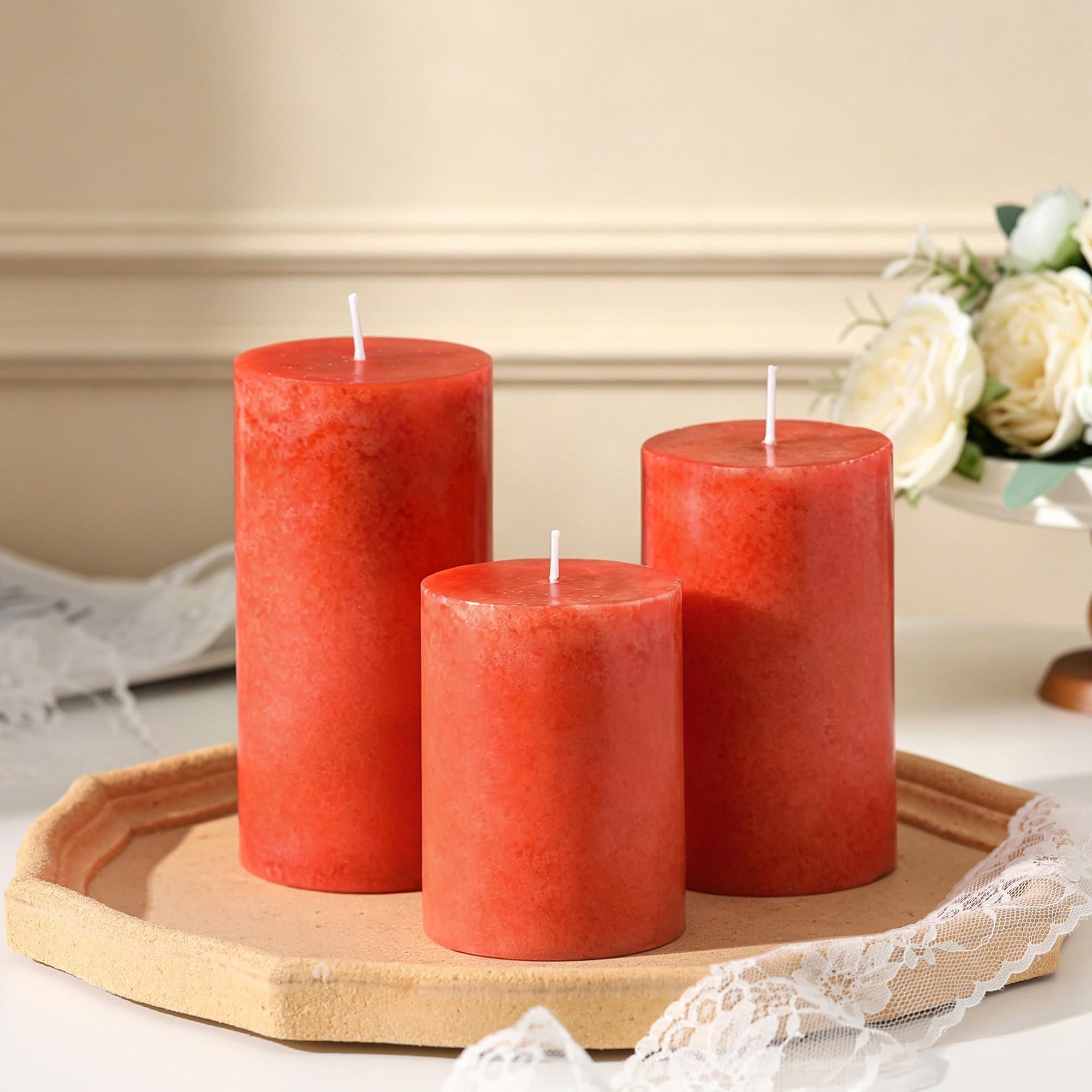 Pillar Candles Set of 3, Hand-Poured Autumn Unscented Pillar Candle, Fall Candle Decor, Smokeless Decorative Candle for Home, Gift for Women, Natural Plant Wax, Different Sizes, Orange (4", 5", 6")