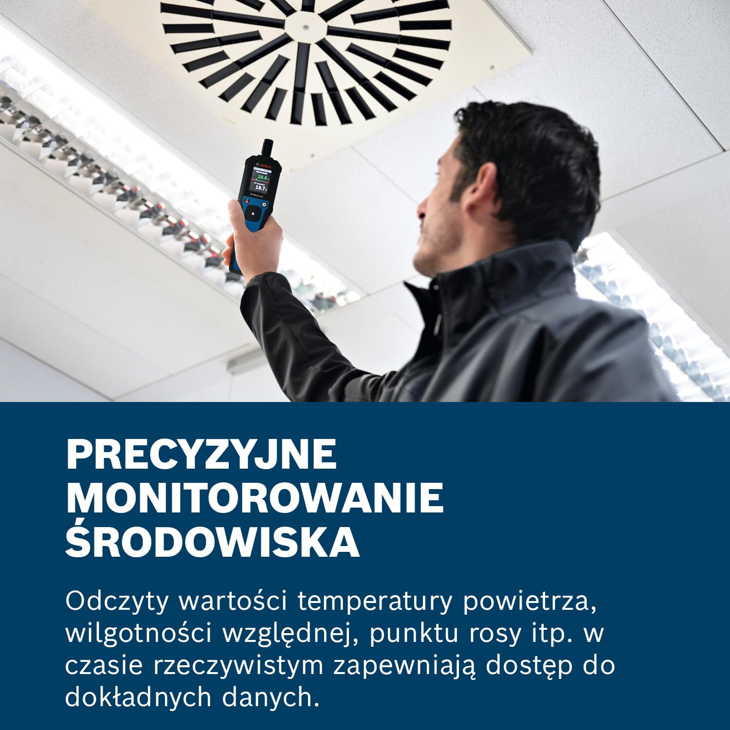 Bosch Professional Termohigrometr GDH 1-17 (odczyty w czasie rzeczywistym, kolorowy wyświetlacz LCD o wysokim kontraście, stopień ochrony IP65, gumowa obudowa, 2 baterie AA, pokrowiec)