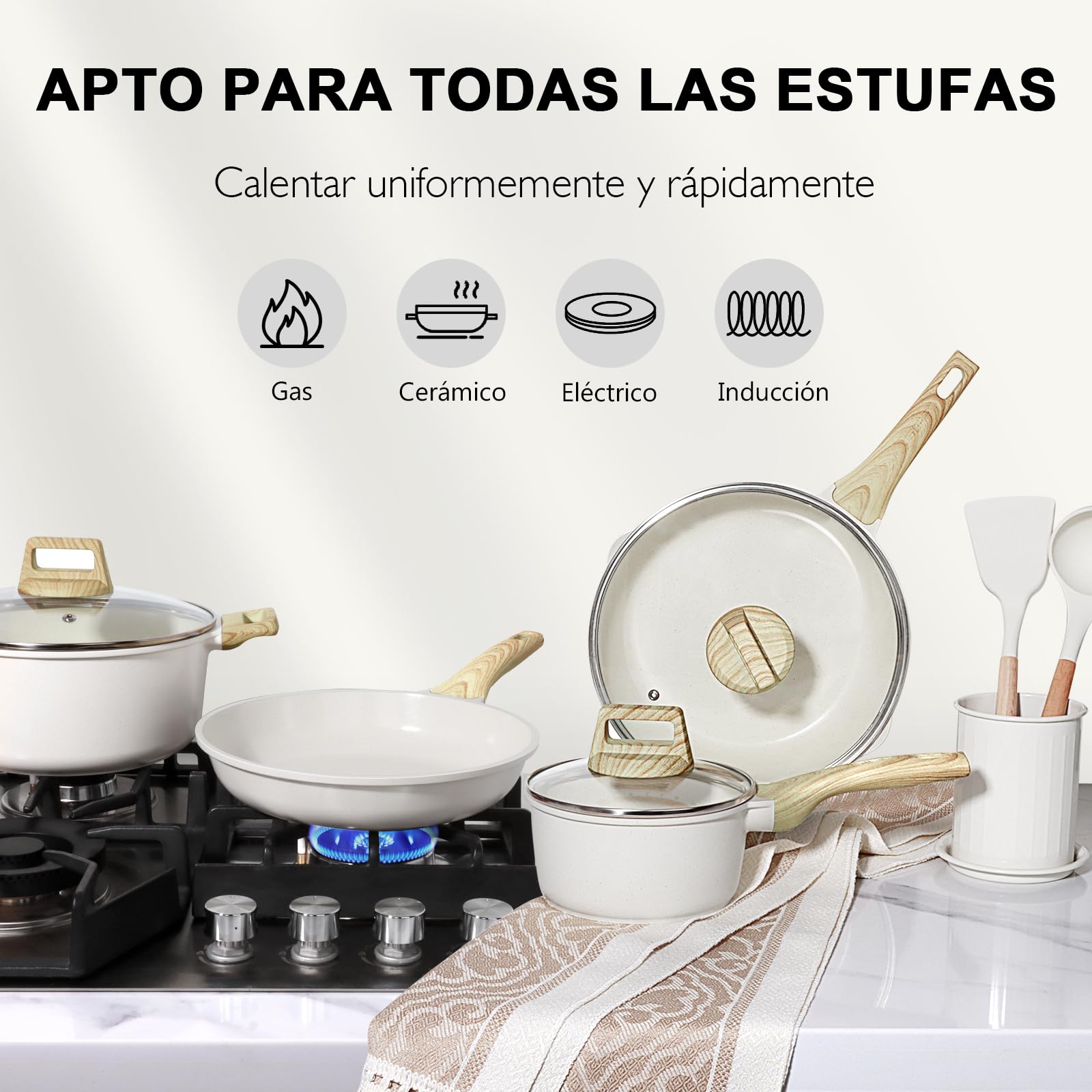 GiPP 22 Piezas Inducción Juego de Sartenes - Juego de Sartenes y Cacerolas con Revestimiento Cerámico Antiadherente, Batería de Cocina sin Tóxicos, Apta Para Diferentes Tipos de Cocinas, Blanco