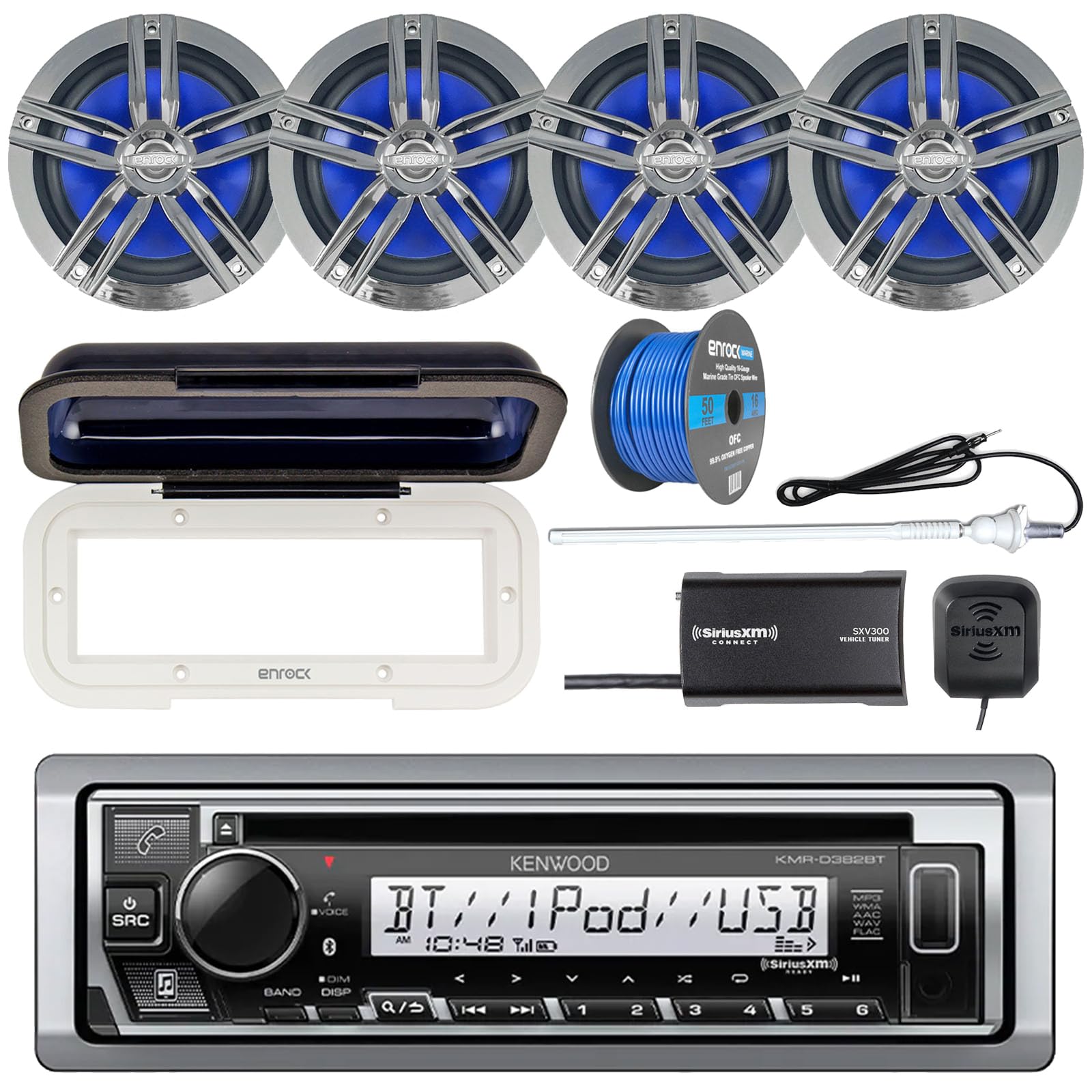 Single DIN USB Marine AM/FM Bluetooth CD Digital Media Receiver, Cover, 4X Marine 2-Way 6.5