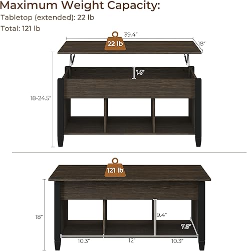 Miniatura 3 de Yaheetech - Mesa de centro con compartimento de almacenamiento oculto y estante, la superficie superior se levanta, mesa de comedor para sala de