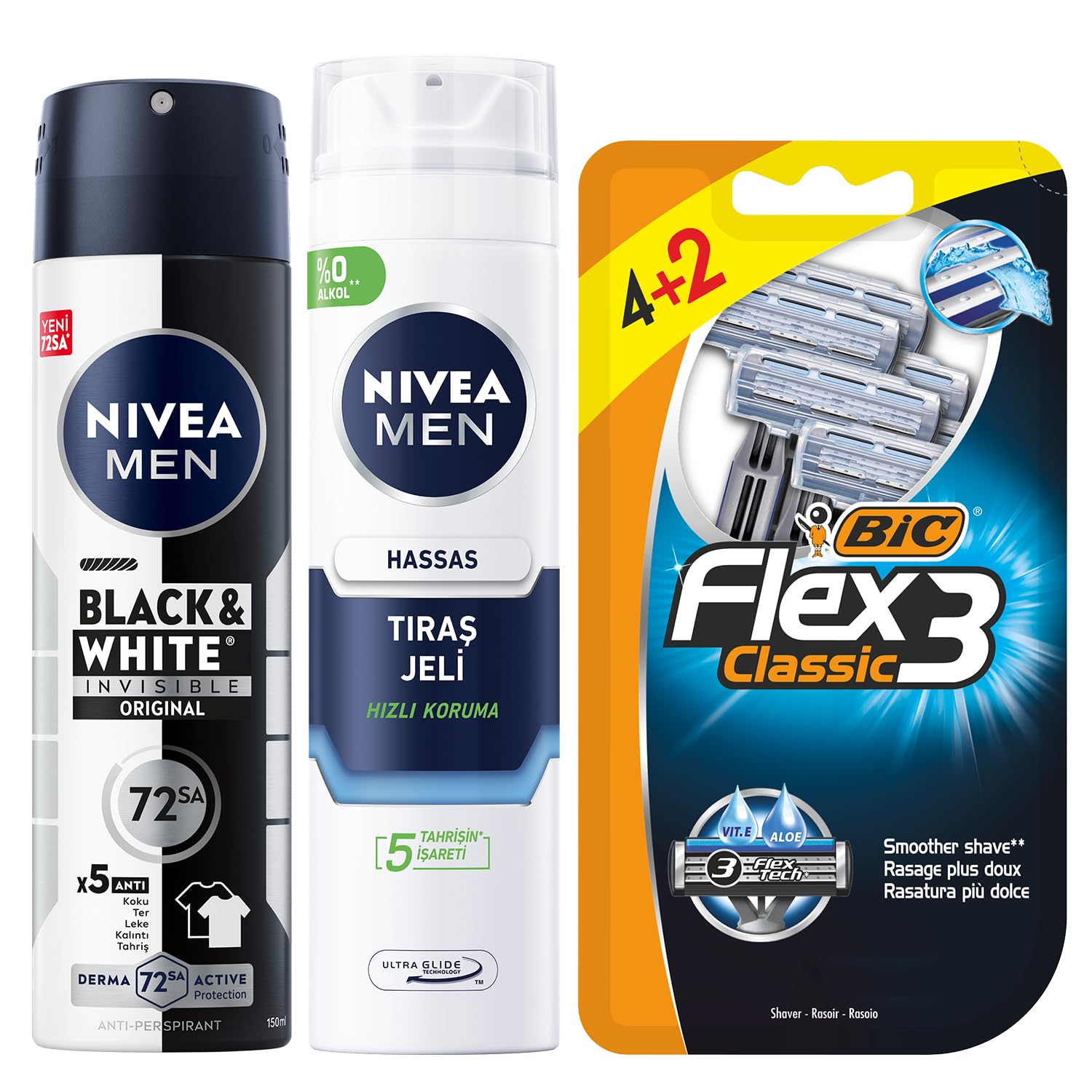 NIVEA MEN Erkek Sprey Deodorant Black&White Invisible Original 150ml + Tıraş Jeli 200 ml + BIC Flex 3 Erkek Tıraş Bıçağı 6'lı Blister (3 Bıçak)