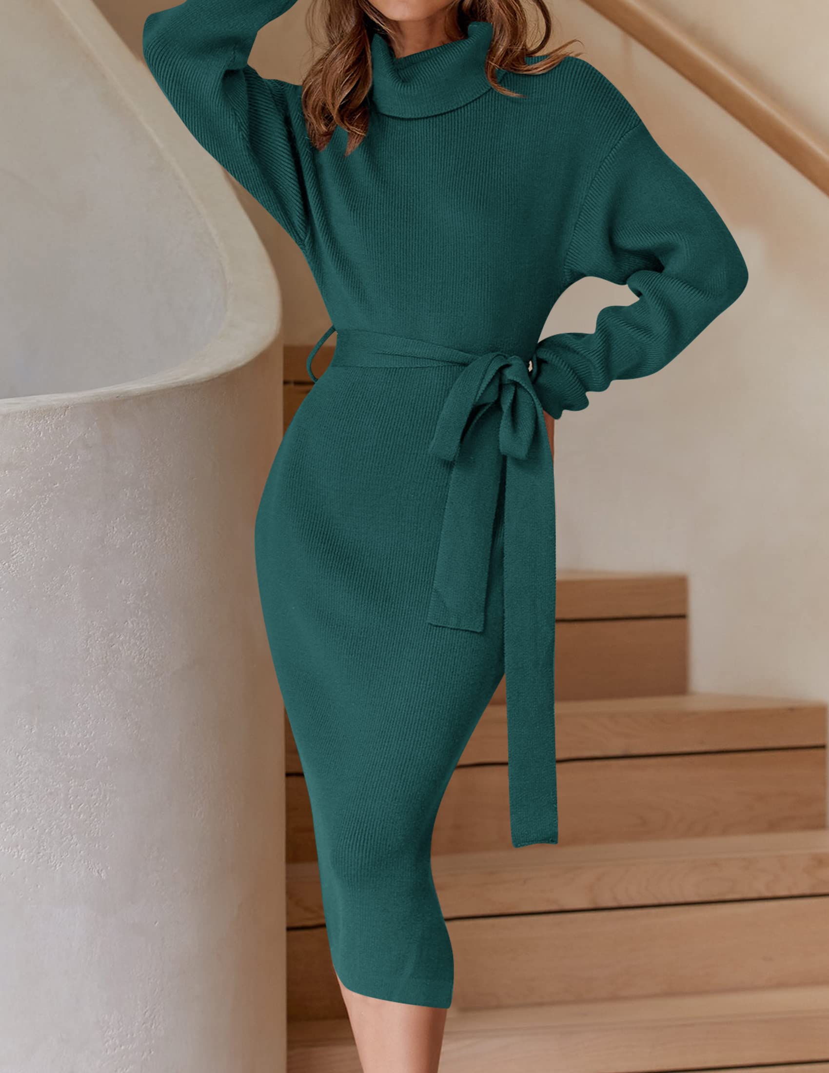 ZESICA Robe pull à col roulé pour femme - Manches longues - En tricot côtelé - Avec ceinture