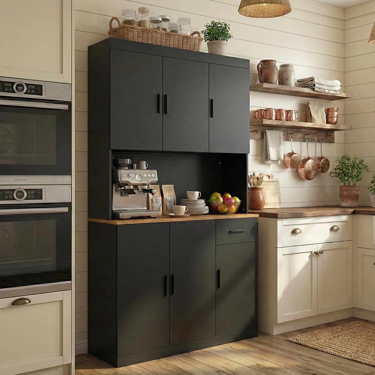 71 Inch Black Pantry Cabinet with Power Outlet, Heavy-Duty Freestanding Kitchen Storage Organizer with Reinforced Frame, Pantry Hutch for Kitchen, Dining Room, Living Room